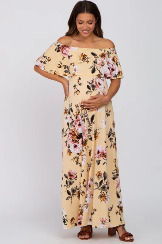 Yellow Floral Off Shoulder Maternity Maxi Dress sold by Pinkblush