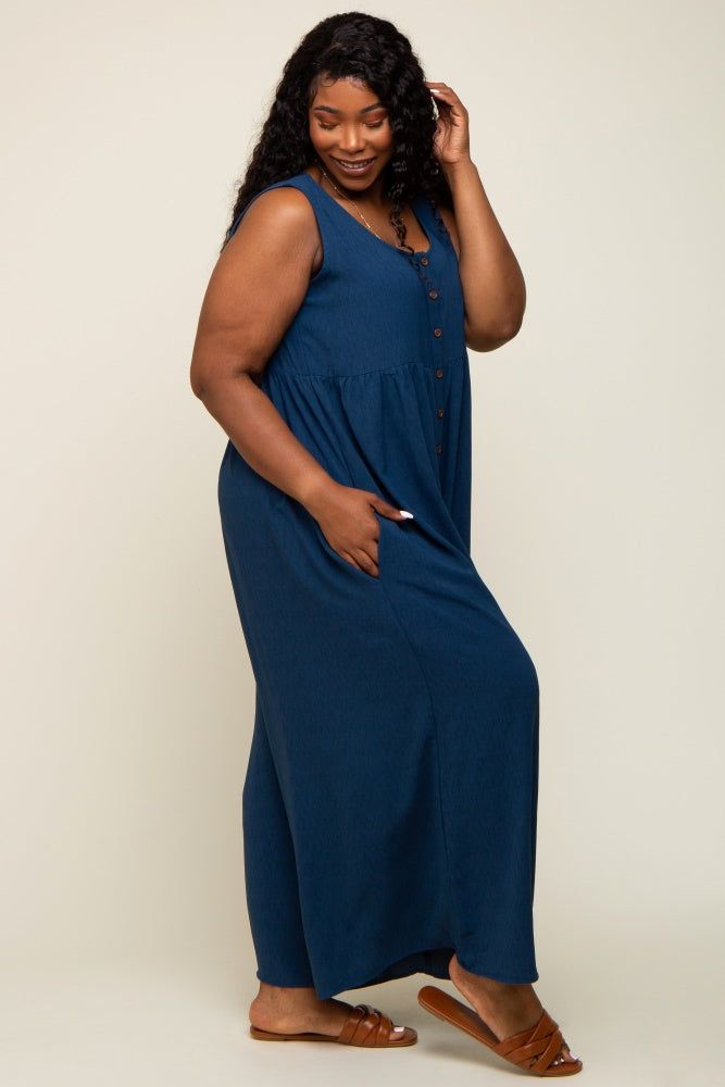 Navy Blue Button Front WIde Leg Plus Jumpsuit sold by Pinkblush product image thumbnail 2