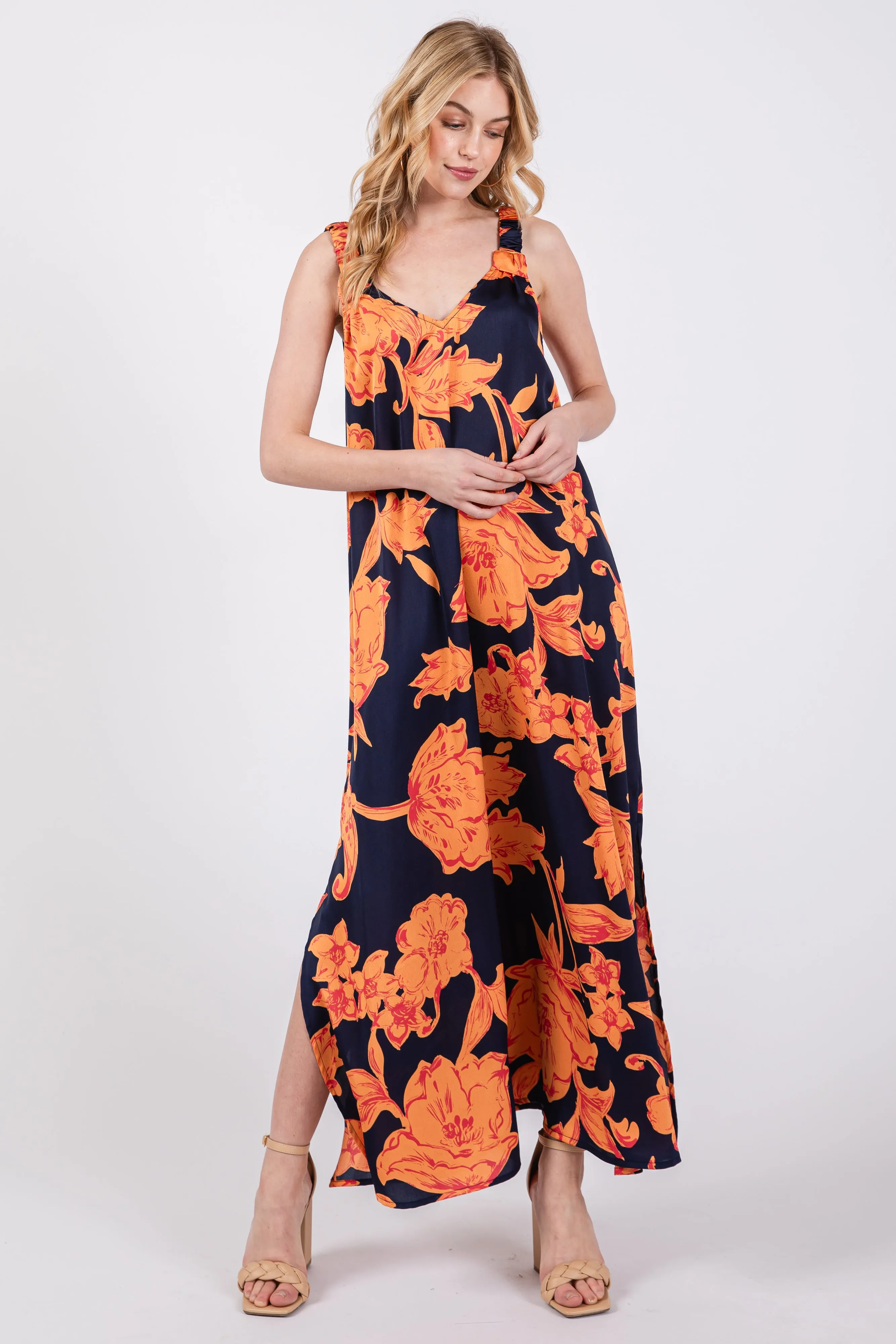 Navy Floral Ruched Strap V-Neck Maternity Midi Dress sold by Pinkblush product image thumbnail 4