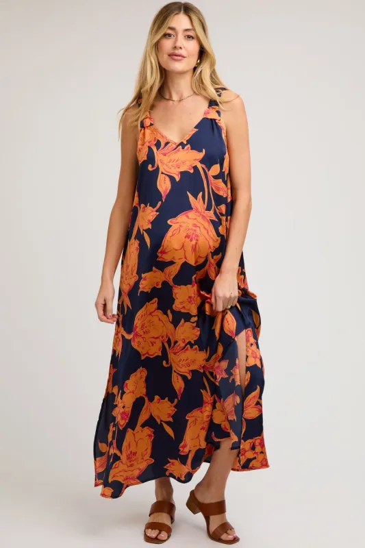 Navy Floral Ruched Strap V-Neck Maternity Midi Dress sold by Pinkblush