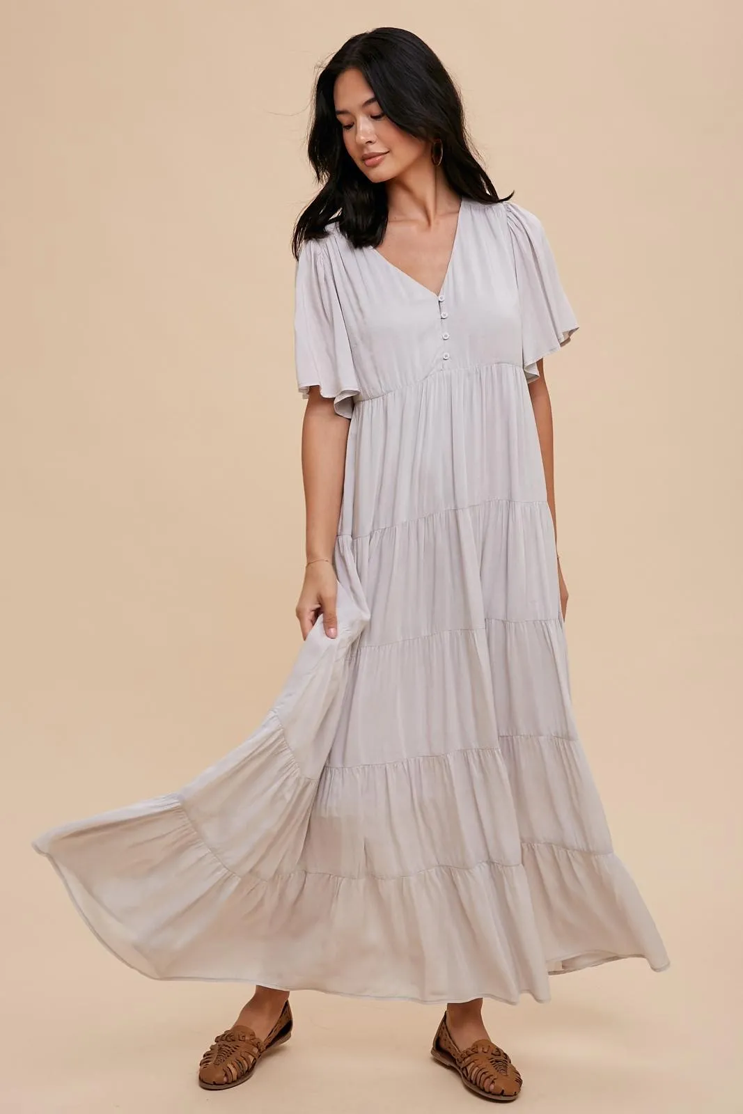 Grey Button Detail Tiered Maxi Dress sold by Pinkblush product image thumbnail 4