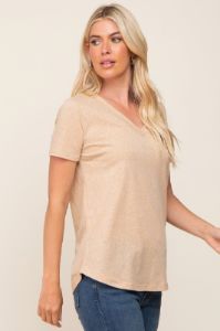 Beige V-Neck Short Sleeve Tee sold by Pinkblush