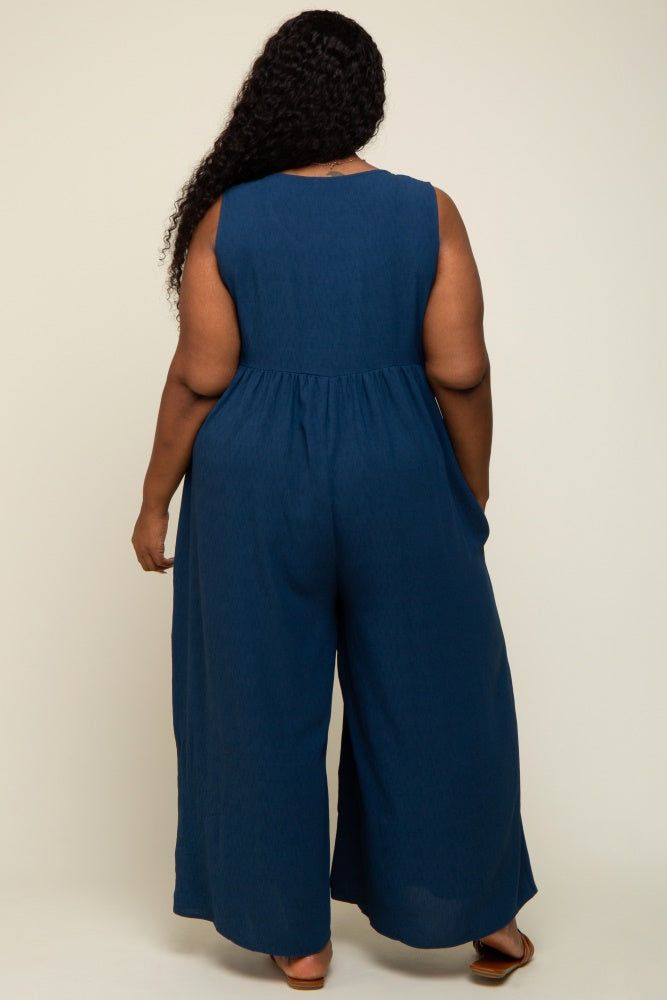 Navy Blue Button Front WIde Leg Plus Jumpsuit sold by Pinkblush product image thumbnail 3