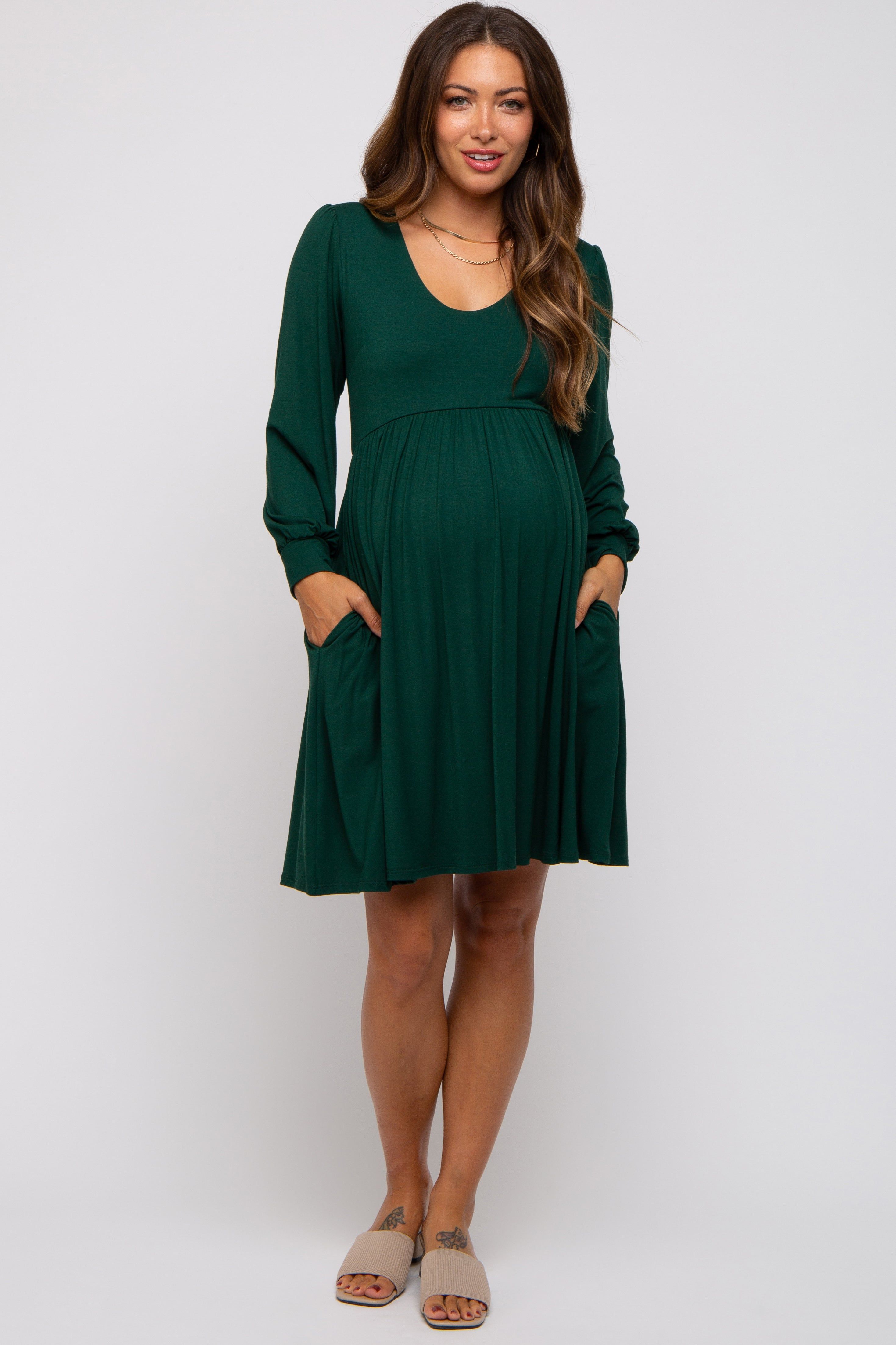 Forest Green Long Puff Sleeve Maternity Dress sold by Pinkblush product image thumbnail 2