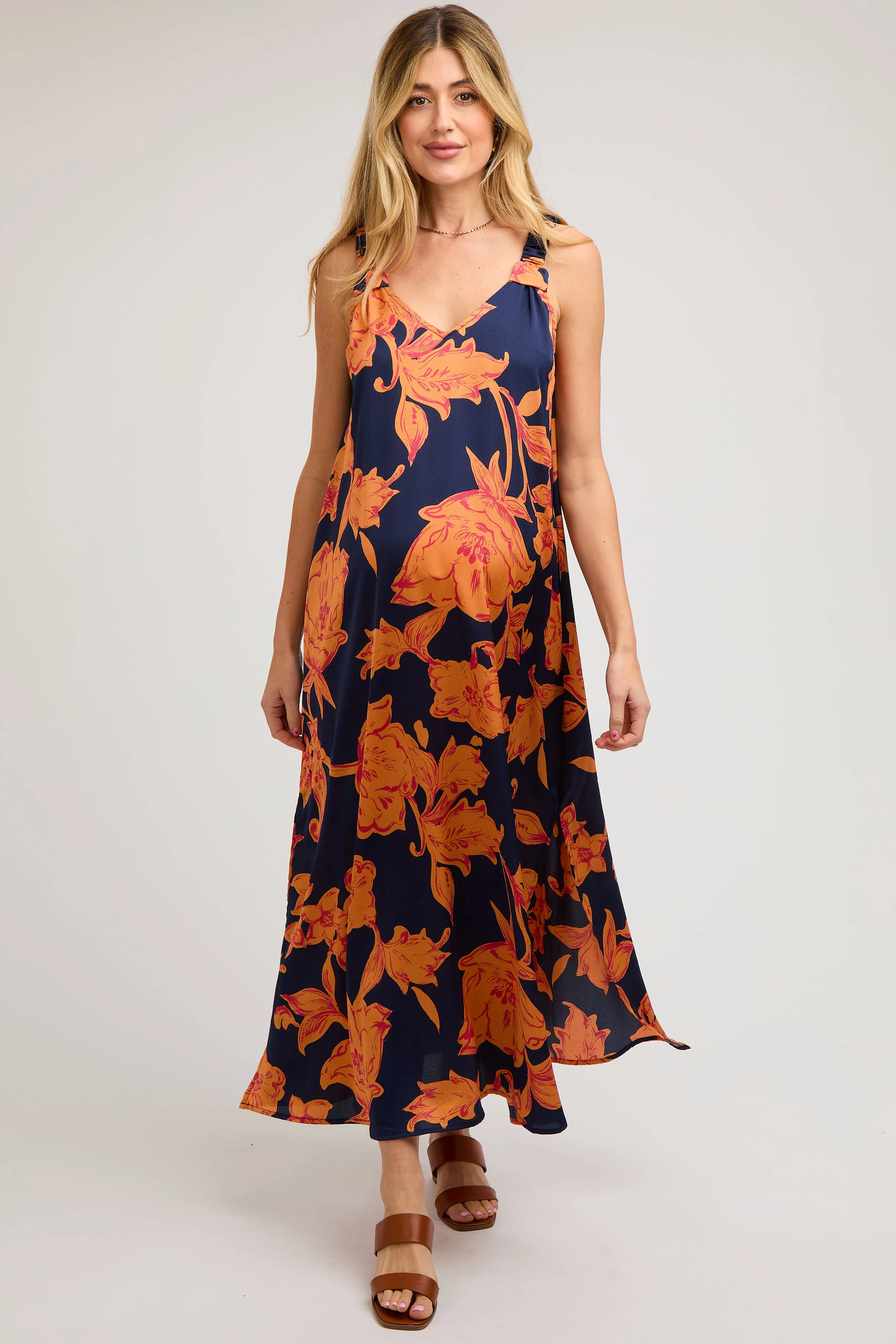 Navy Floral Ruched Strap V-Neck Maternity Midi Dress sold by Pinkblush product image thumbnail 2
