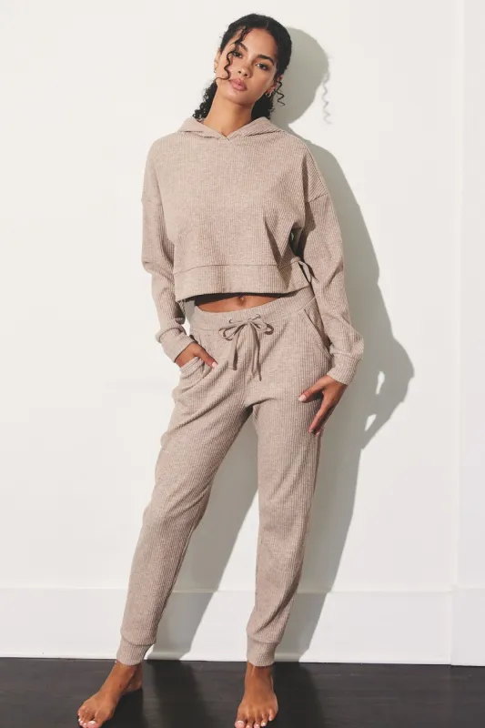 Oatmeal Ribbed Heather Hoodie And Pants Set sold by Pinkblush