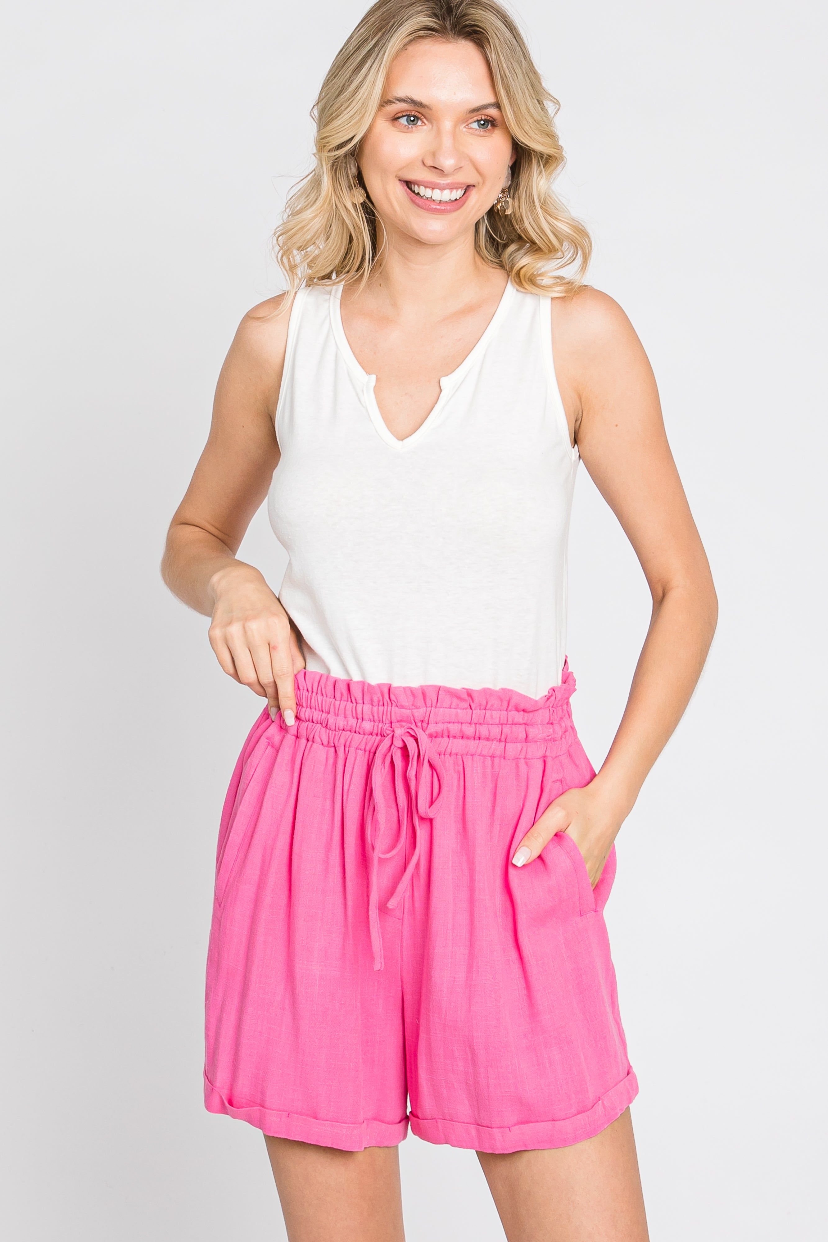 Pink Linen Smocked Waist Shorts sold by Pinkblush