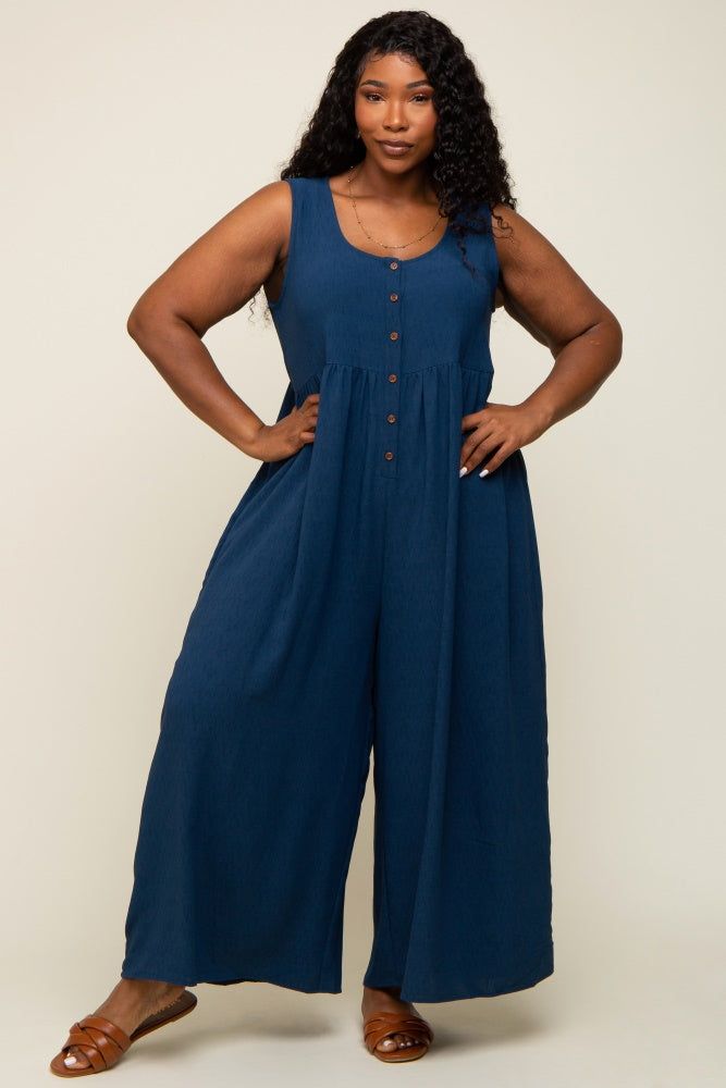 Navy Blue Button Front WIde Leg Plus Jumpsuit sold by Pinkblush product image thumbnail 4