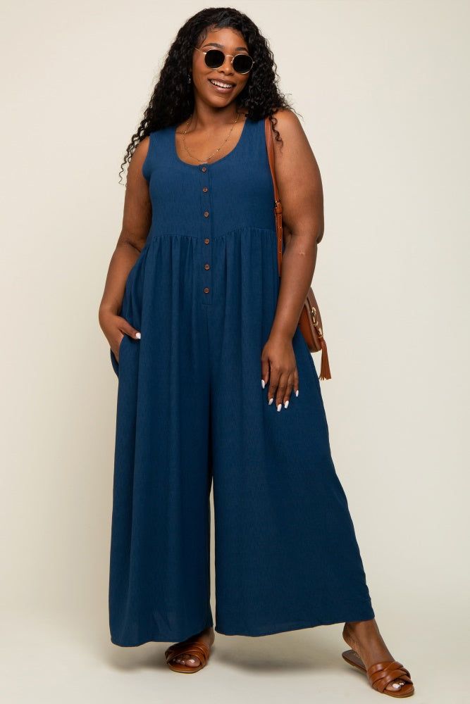 Navy Blue Button Front WIde Leg Plus Jumpsuit sold by Pinkblush