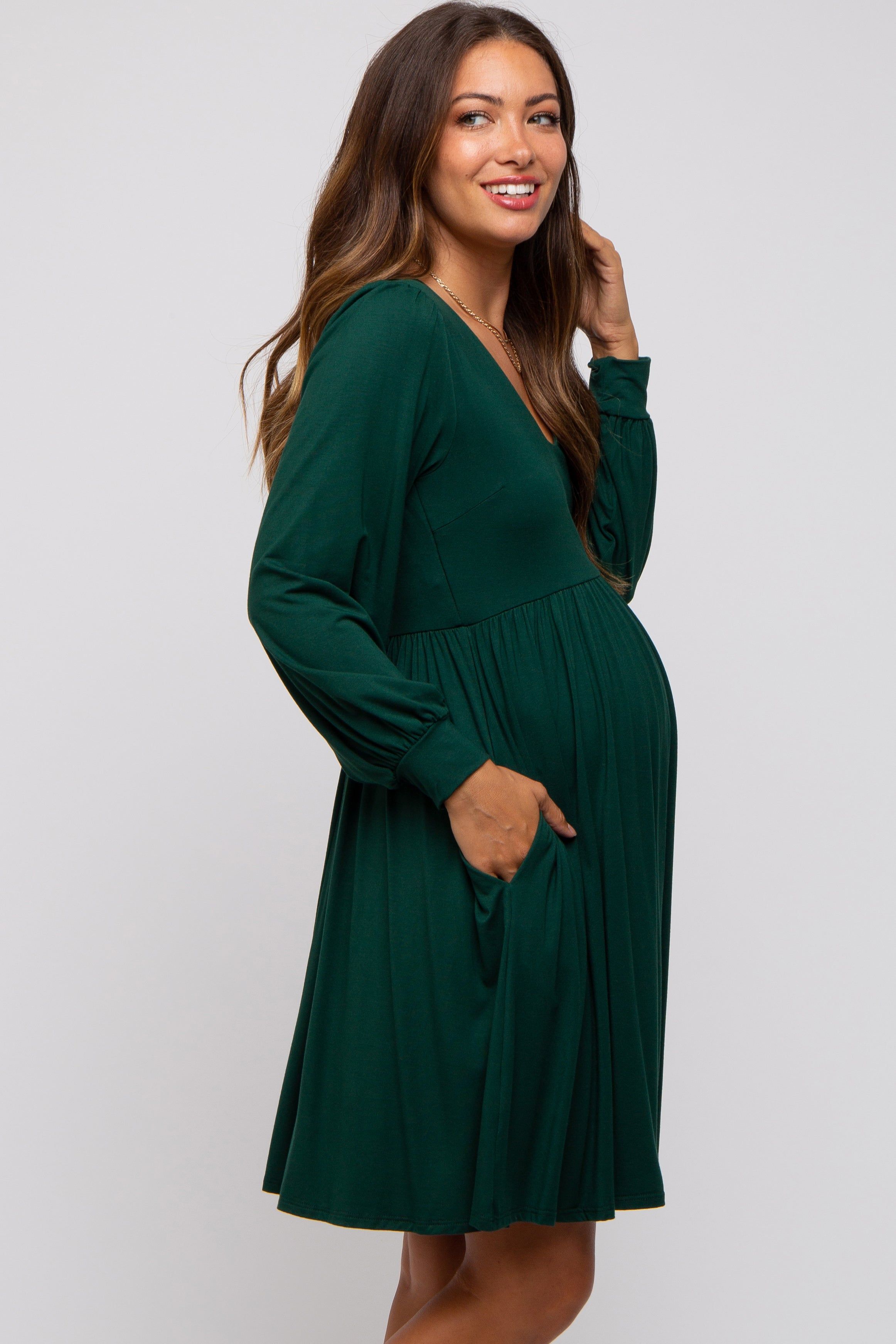 Forest Green Long Puff Sleeve Maternity Dress sold by Pinkblush product image thumbnail 3