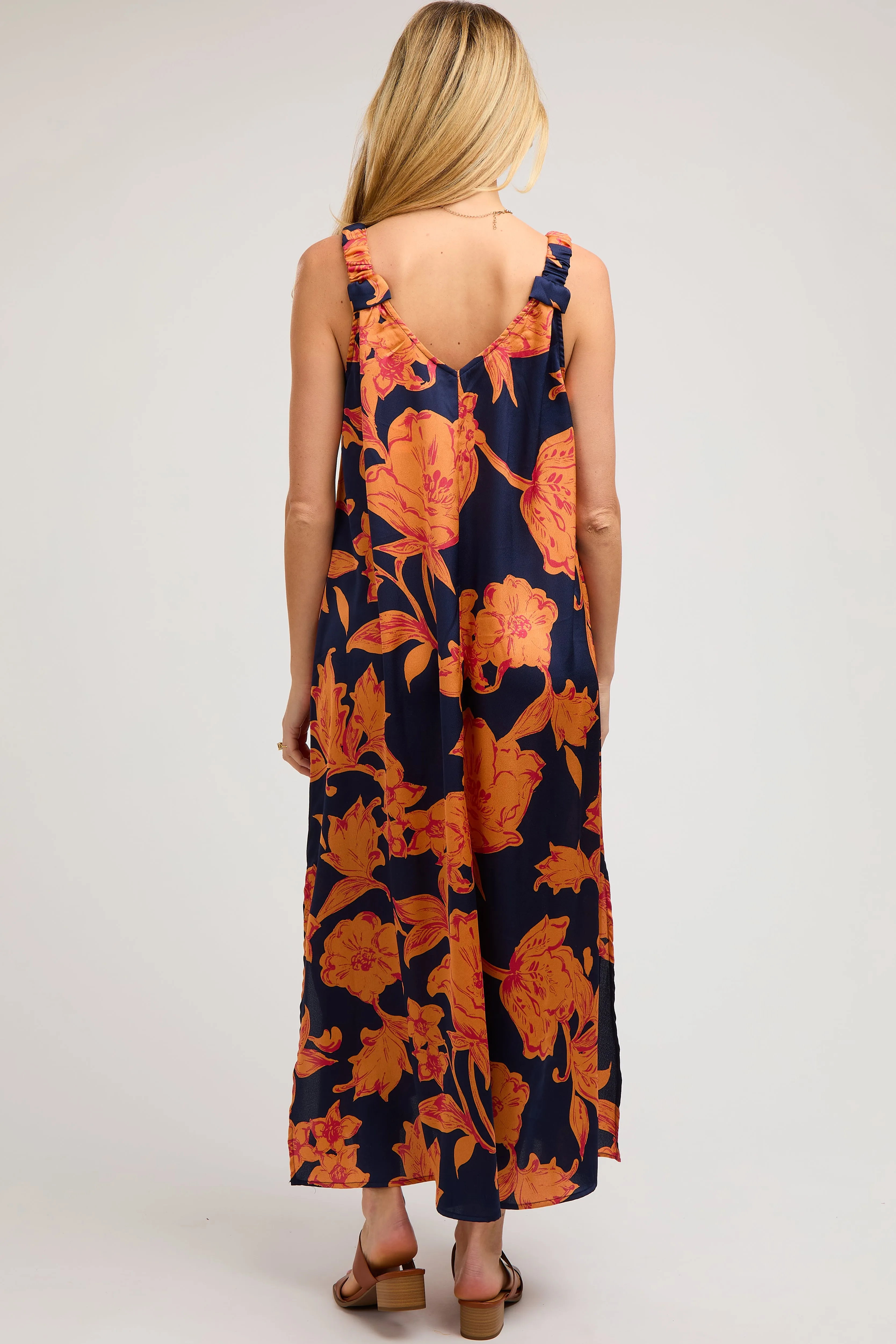 Navy Floral Ruched Strap V-Neck Maternity Midi Dress sold by Pinkblush product image thumbnail 3