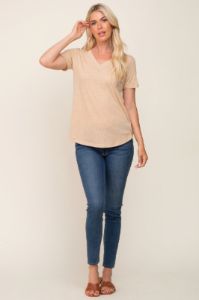 Beige V-Neck Short Sleeve Tee sold by Pinkblush