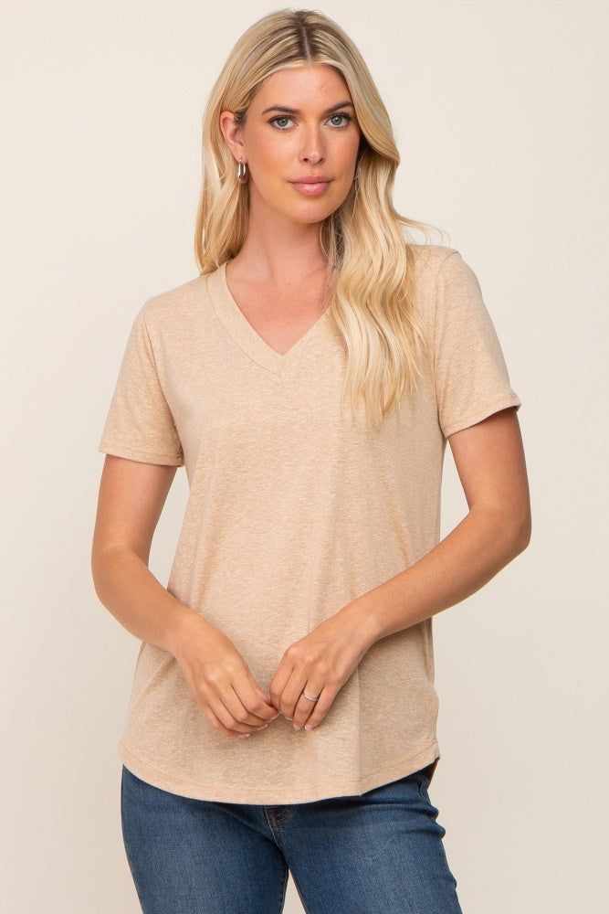 Beige V-Neck Short Sleeve Tee sold by Pinkblush