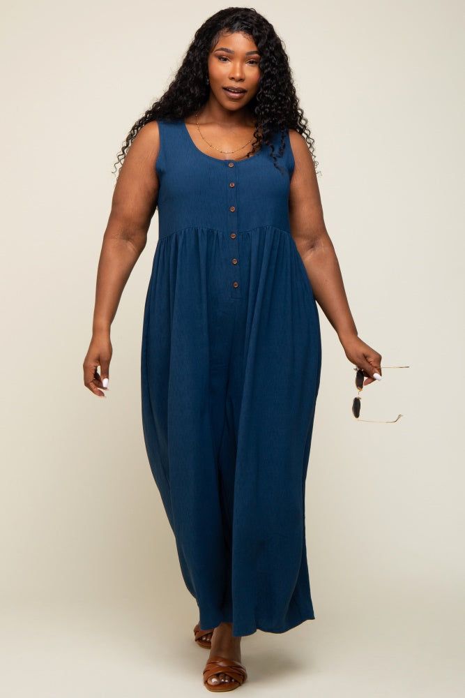 Navy Blue Button Front WIde Leg Plus Jumpsuit sold by Pinkblush product image thumbnail 5