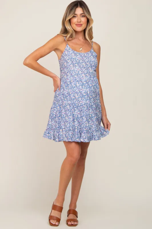 Blue Floral Tiered Maternity Sleeveless Dress sold by Pinkblush