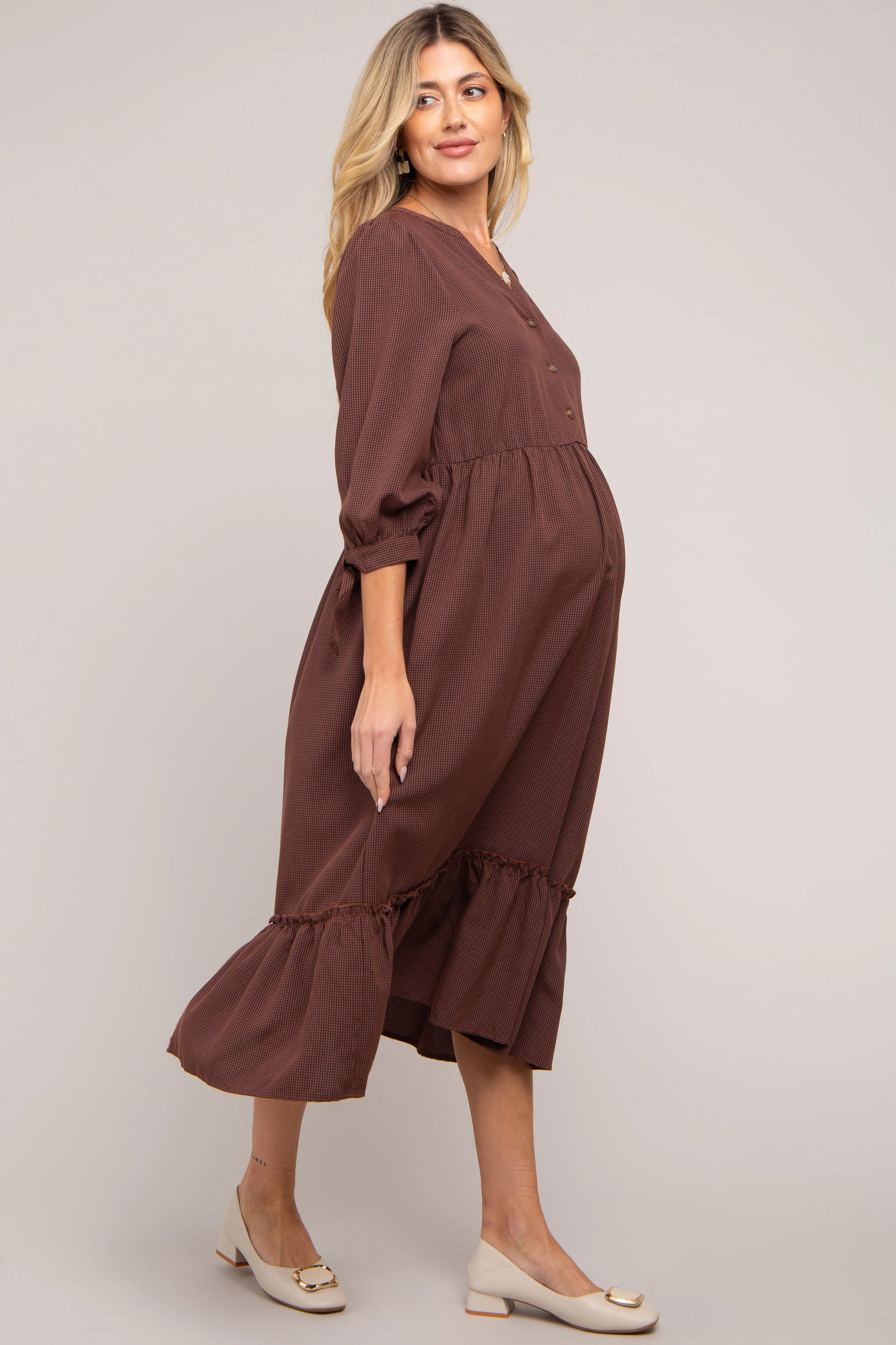 Brown Gingham Front Button Sleeve Tie Maternity Midi Dress sold by Pinkblush product image thumbnail 3