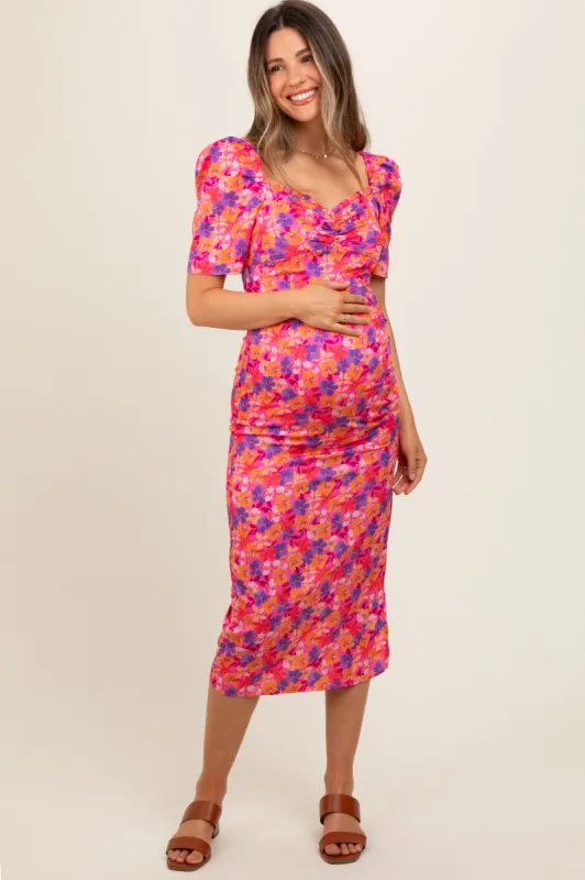 Fuchsia Floral Ruffle Sweetheart Fitted Maternity Midi Dress sold by Pinkblush