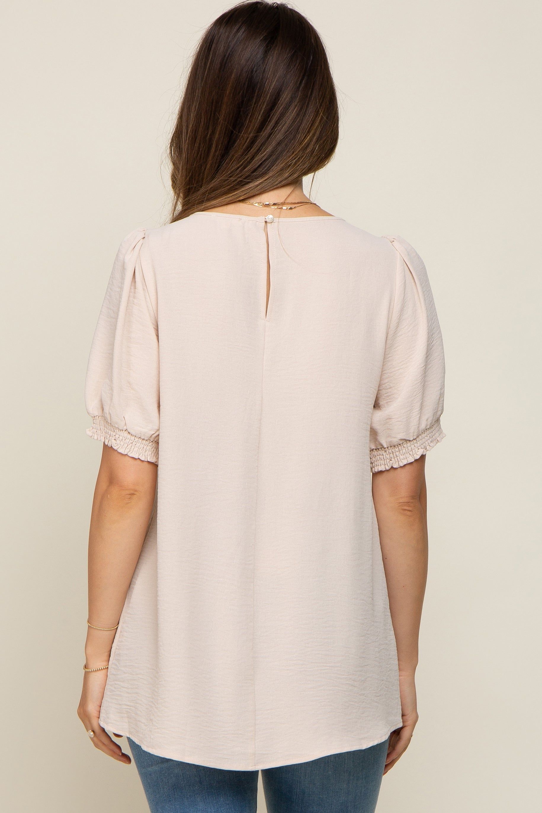 Beige Puff Sleeve Smocked Accent Maternity Top sold by Pinkblush product image thumbnail 3