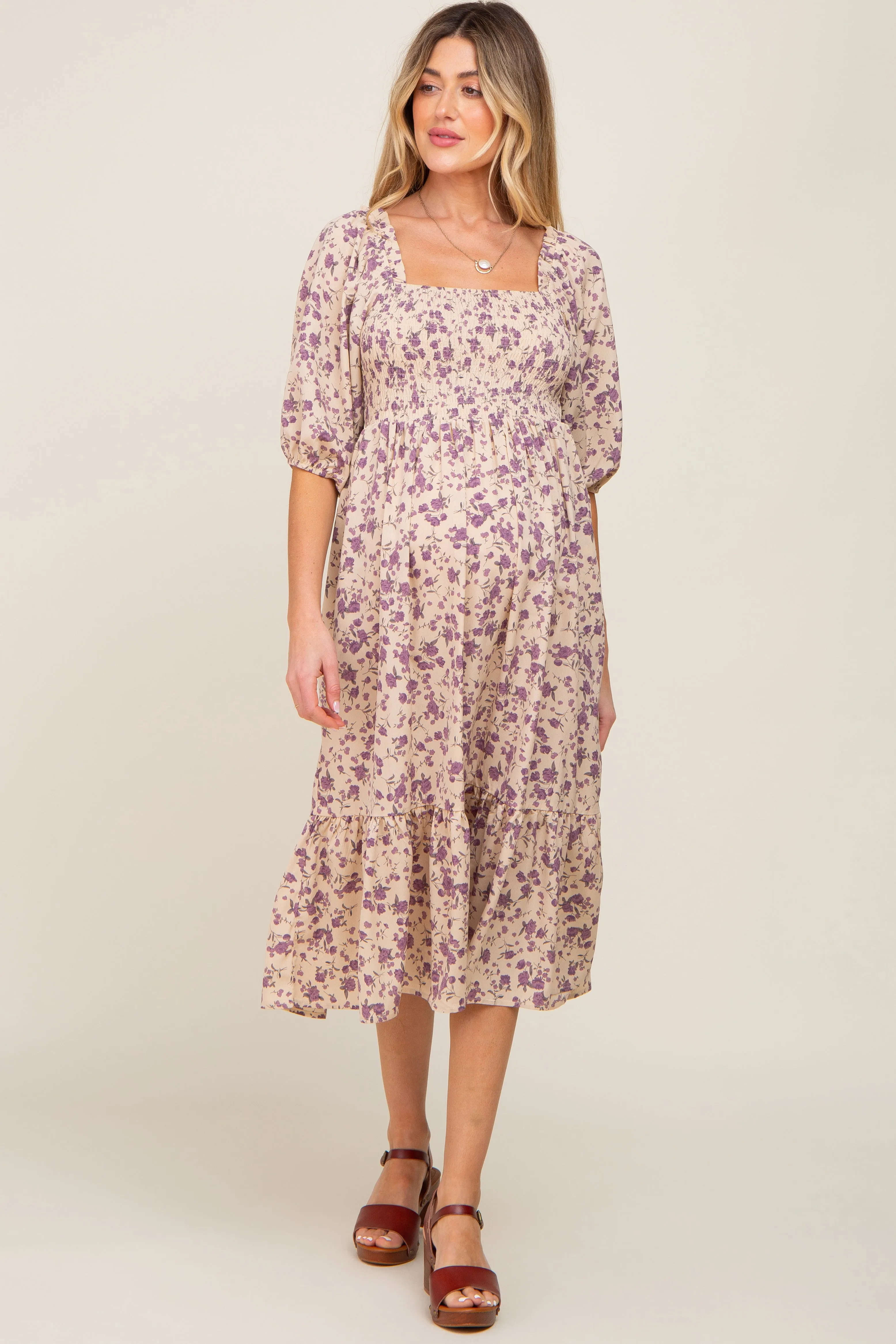 Cream Floral Smocked Maternity Midi Dress sold by Pinkblush product image thumbnail 5