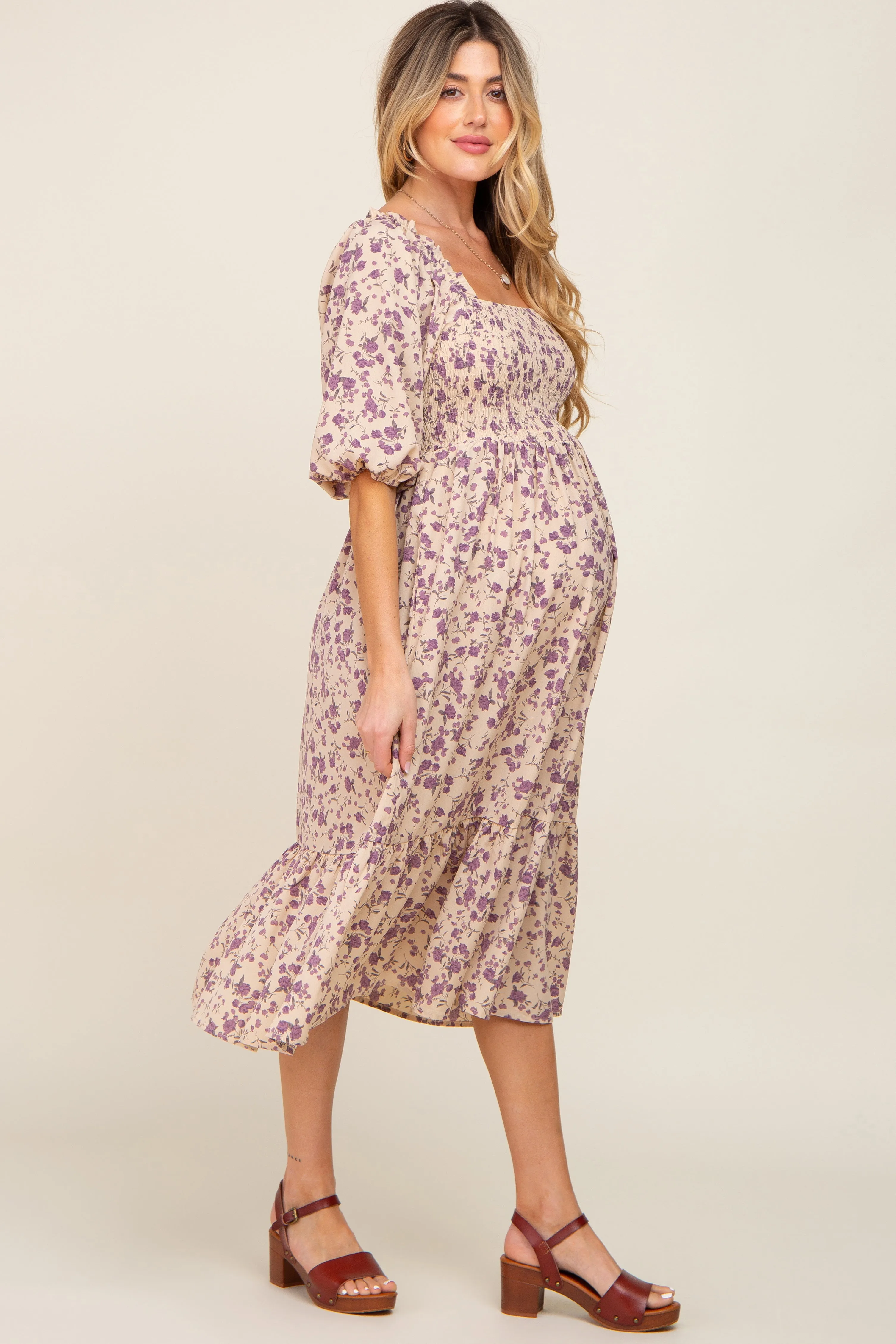 Cream Floral Smocked Maternity Midi Dress sold by Pinkblush product image thumbnail 2