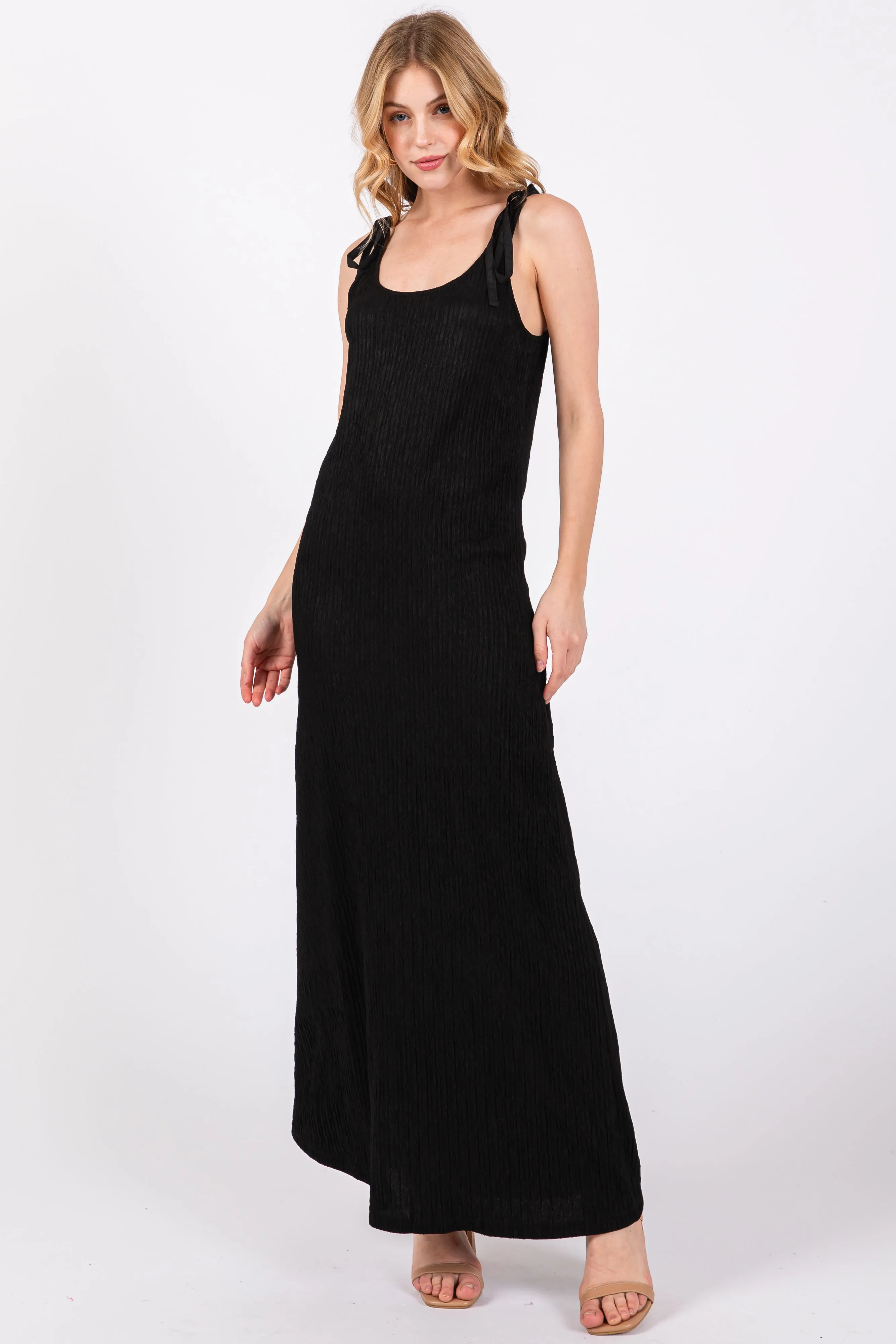 Black Textured Tie Strap Midi Dress sold by Pinkblush