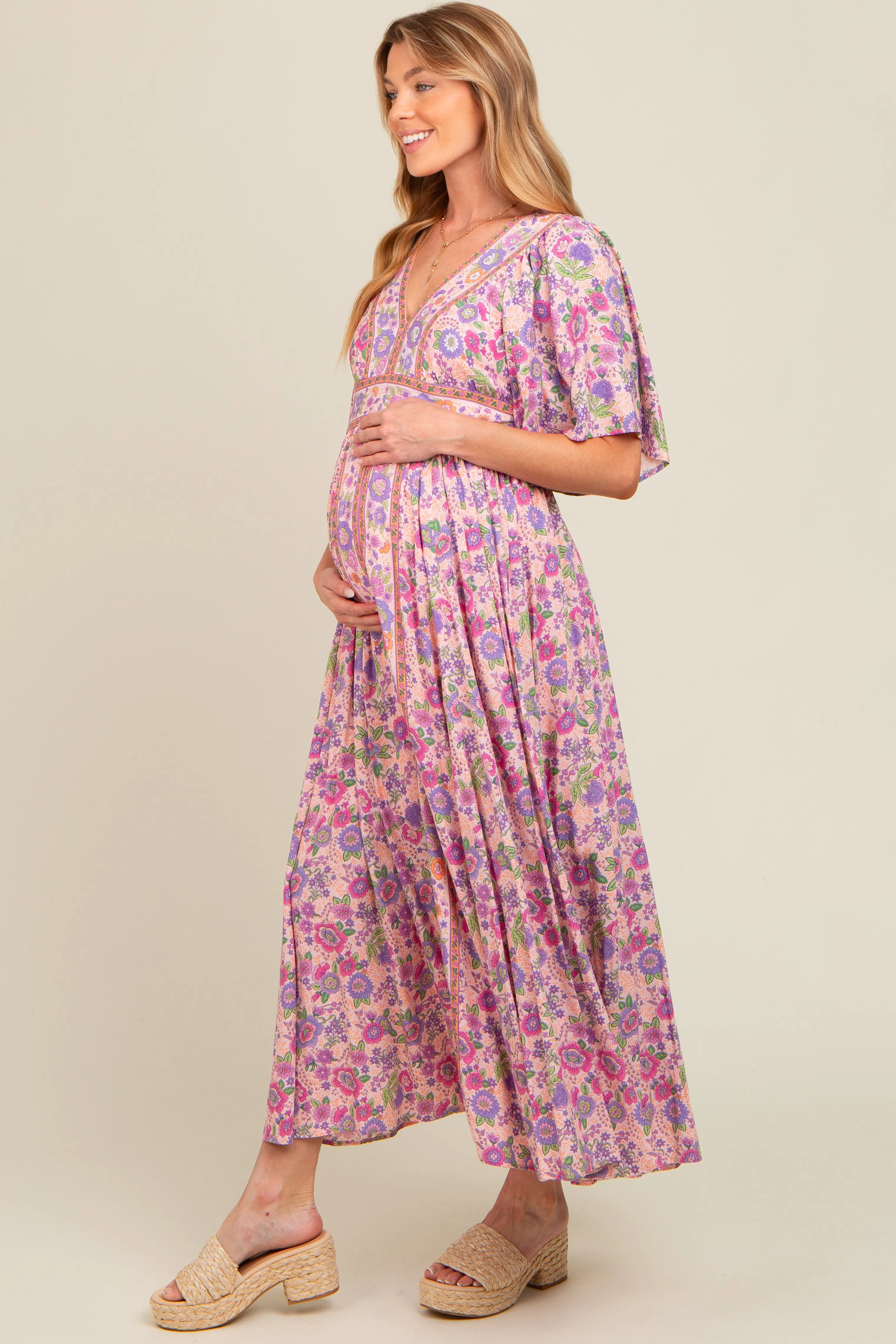 Light Pink Floral Border Print Flutter Sleeve Maternity Maxi Dress sold by Pinkblush product image thumbnail 2