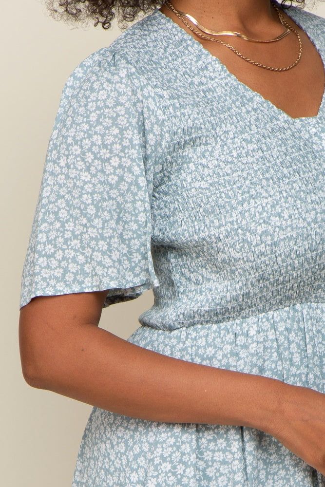 Mint Green Floral Button Front Smocked Flutter Sleeve Midi Dress sold by Pinkblush product image thumbnail 4