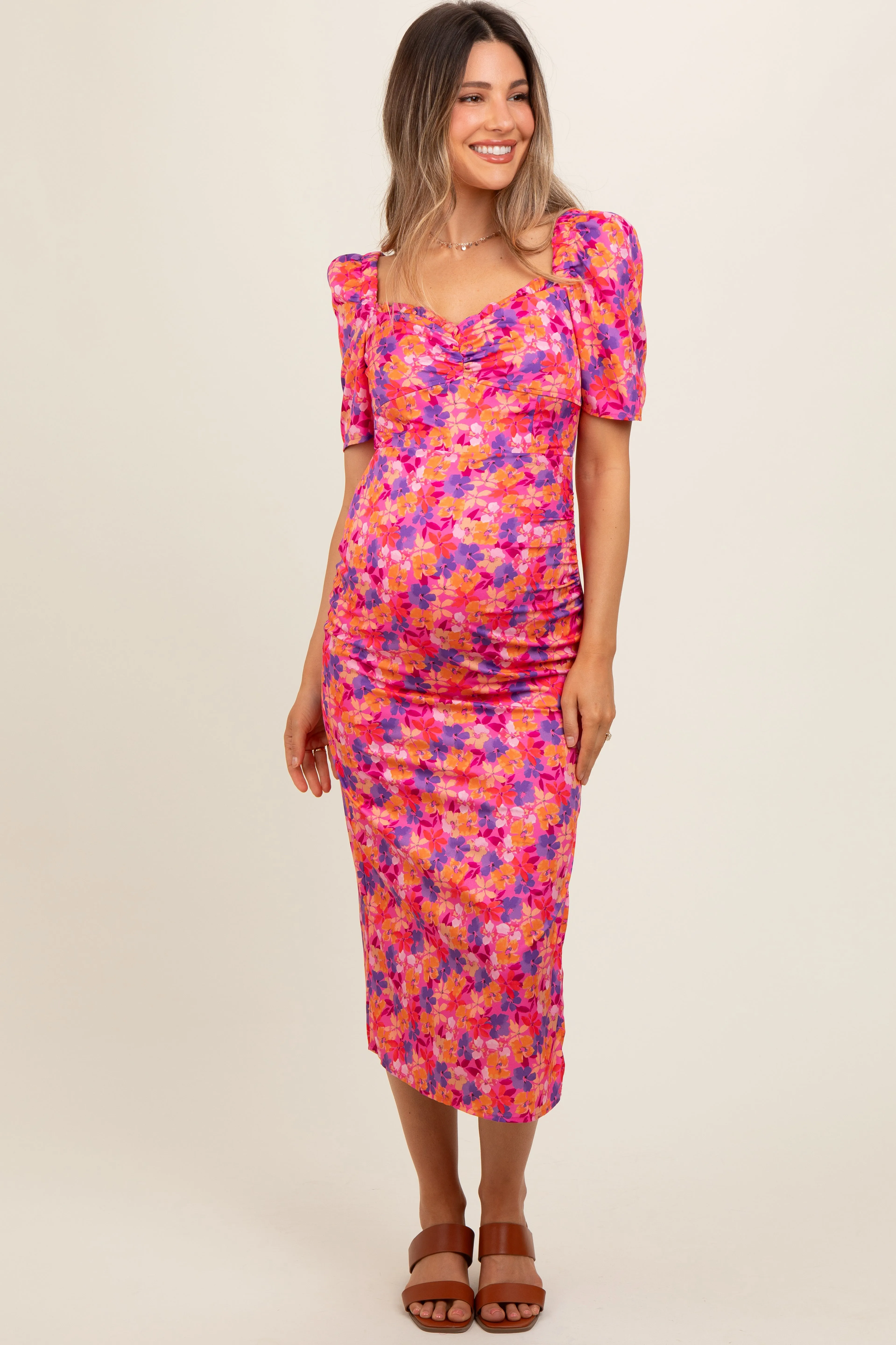 Fuchsia Floral Ruffle Sweetheart Fitted Maternity Midi Dress sold by Pinkblush product image thumbnail 2