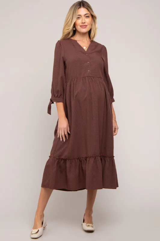 Brown Gingham Front Button Sleeve Tie Maternity Midi Dress sold by Pinkblush