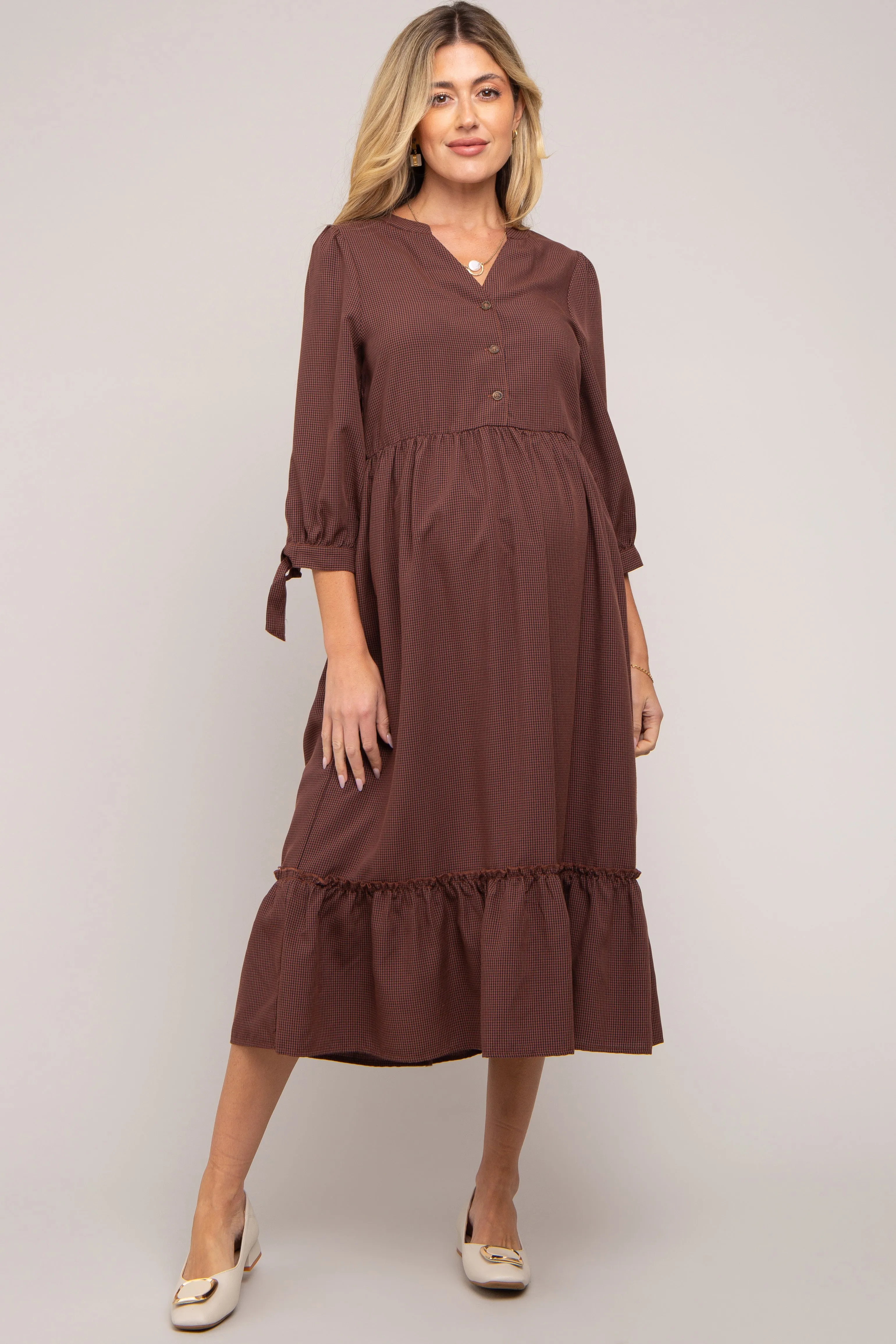 Brown Gingham Front Button Sleeve Tie Maternity Midi Dress sold by Pinkblush