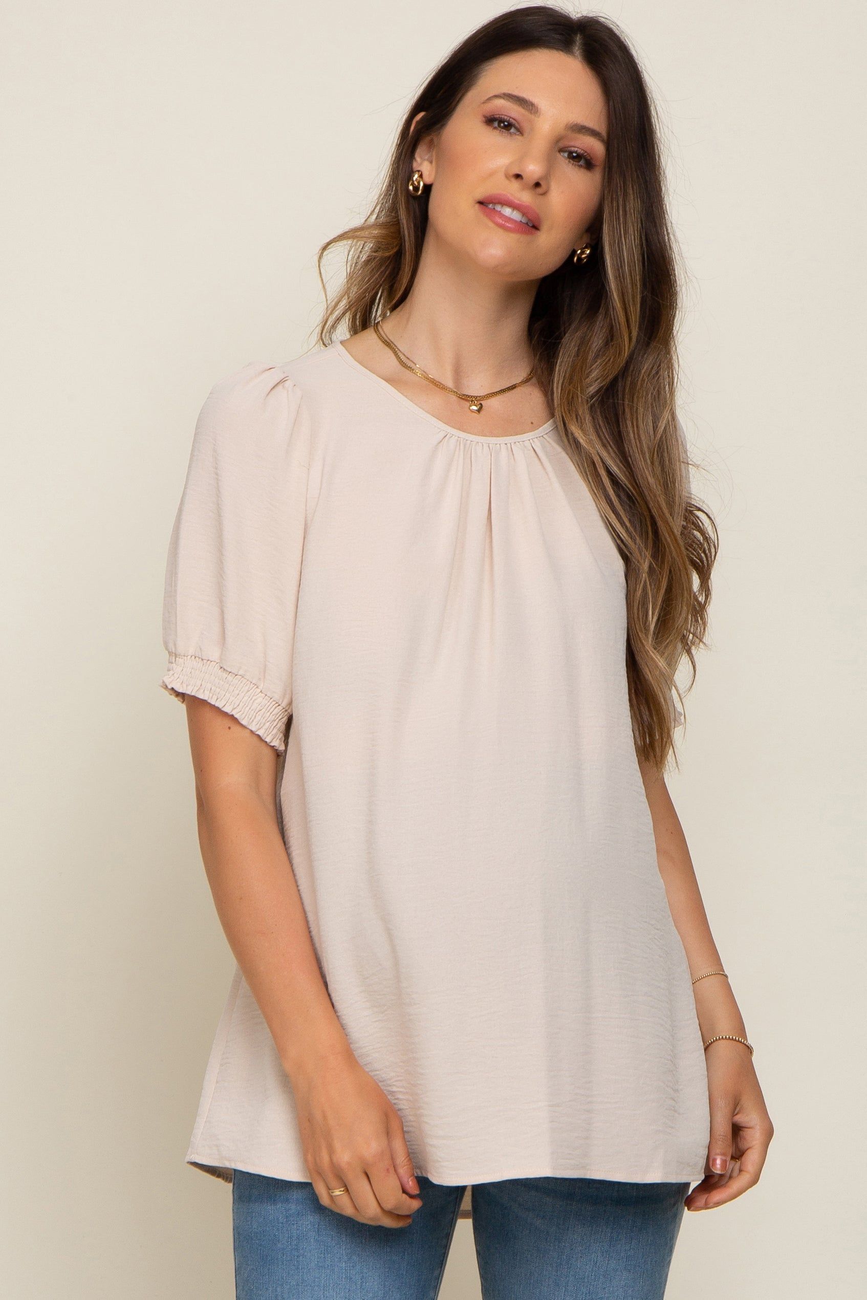 Beige Puff Sleeve Smocked Accent Maternity Top sold by Pinkblush