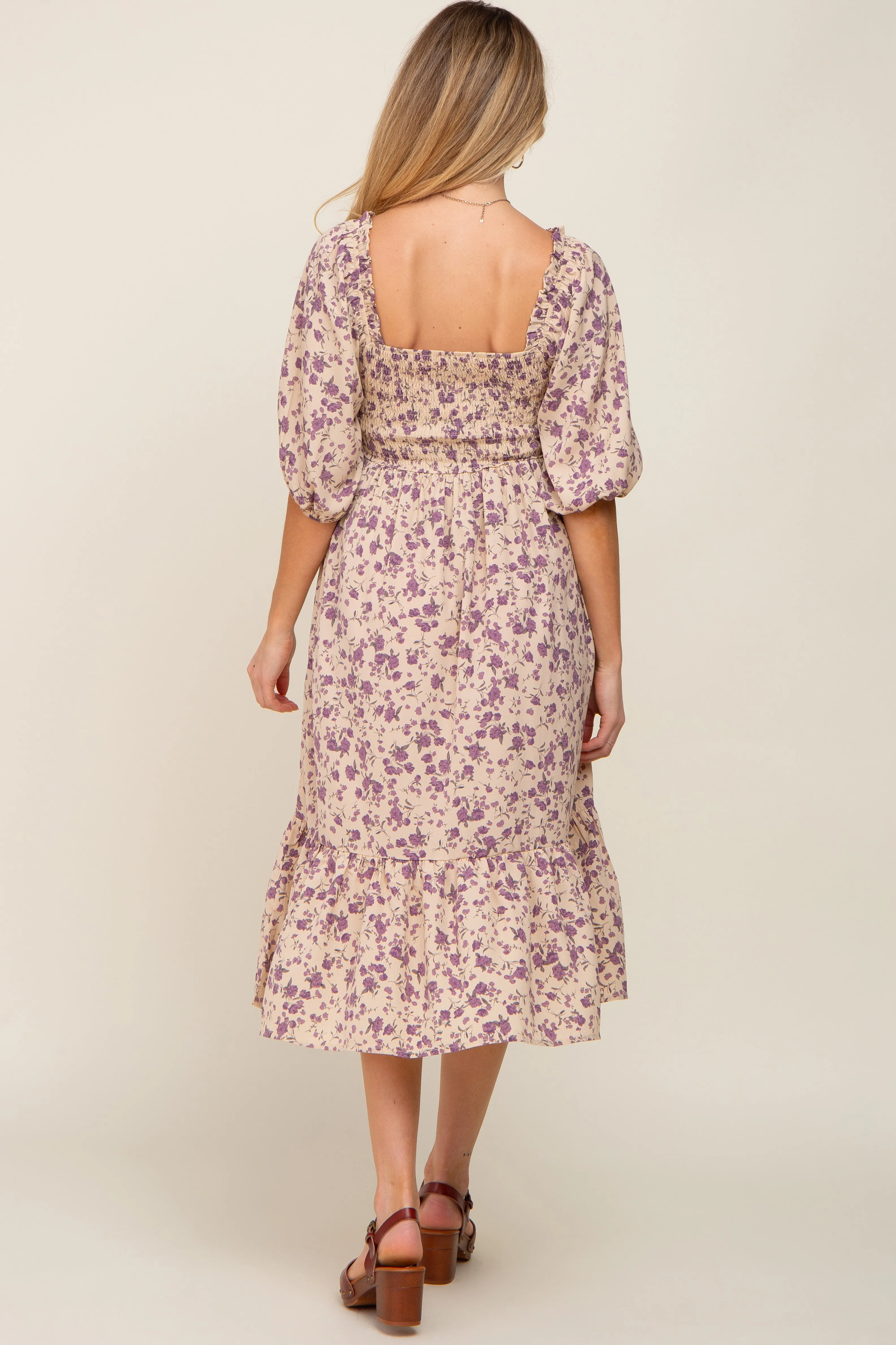 Cream Floral Smocked Maternity Midi Dress sold by Pinkblush product image thumbnail 3
