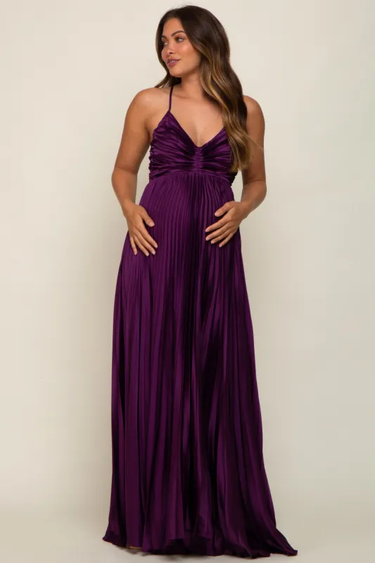 Plum Satin Pleated Cutout Maternity Gown sold by Pinkblush