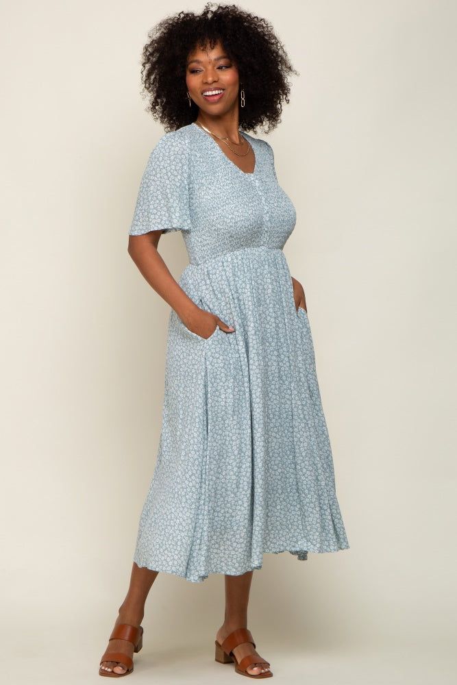 Mint Green Floral Button Front Smocked Flutter Sleeve Midi Dress sold by Pinkblush product image thumbnail 5