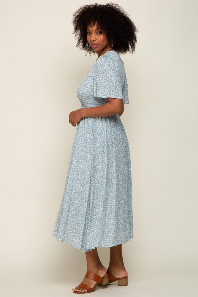 Mint Green Floral Button Front Smocked Flutter Sleeve Midi Dress sold by Pinkblush product image thumbnail 2