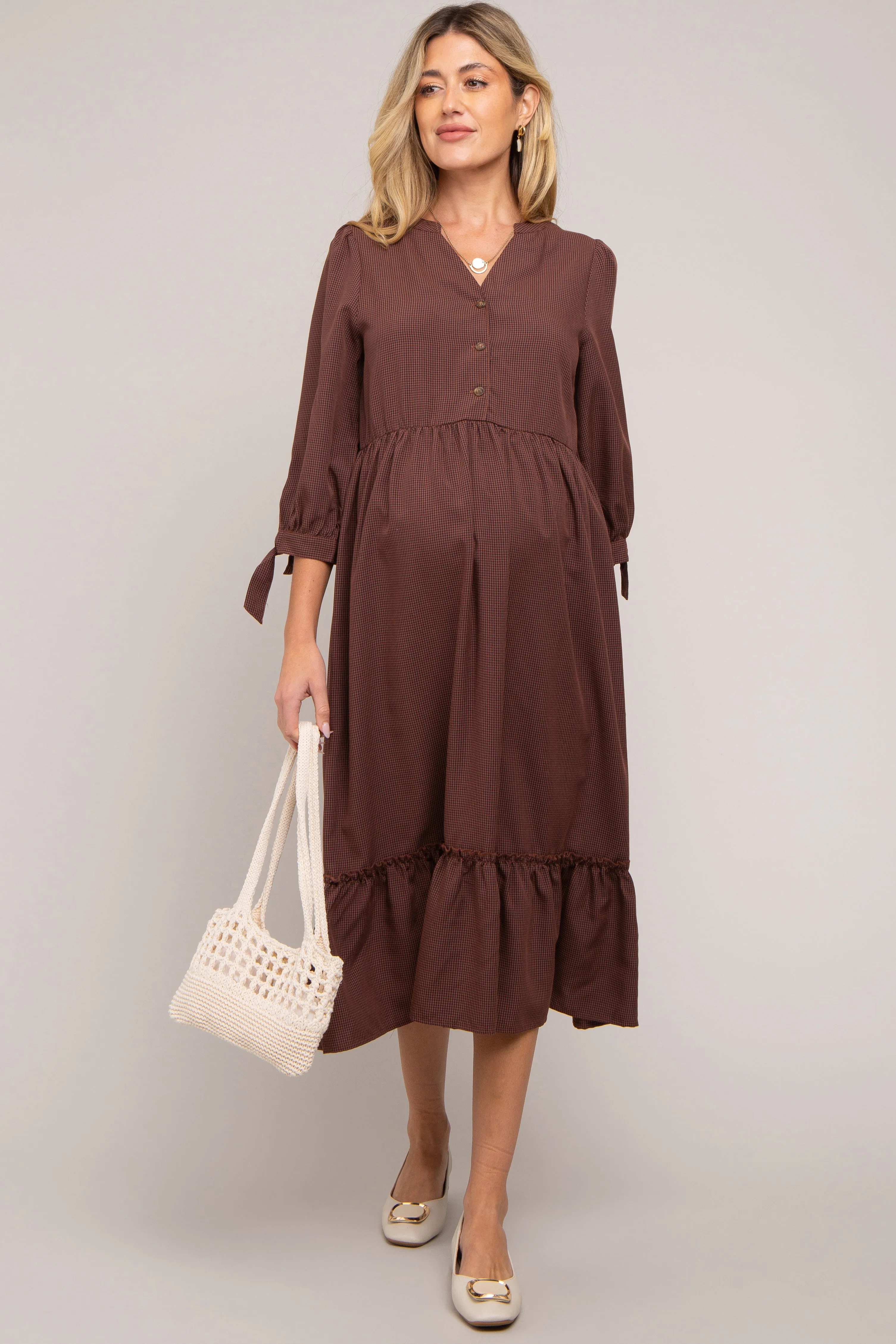 Brown Gingham Front Button Sleeve Tie Maternity Midi Dress sold by Pinkblush product image thumbnail 2