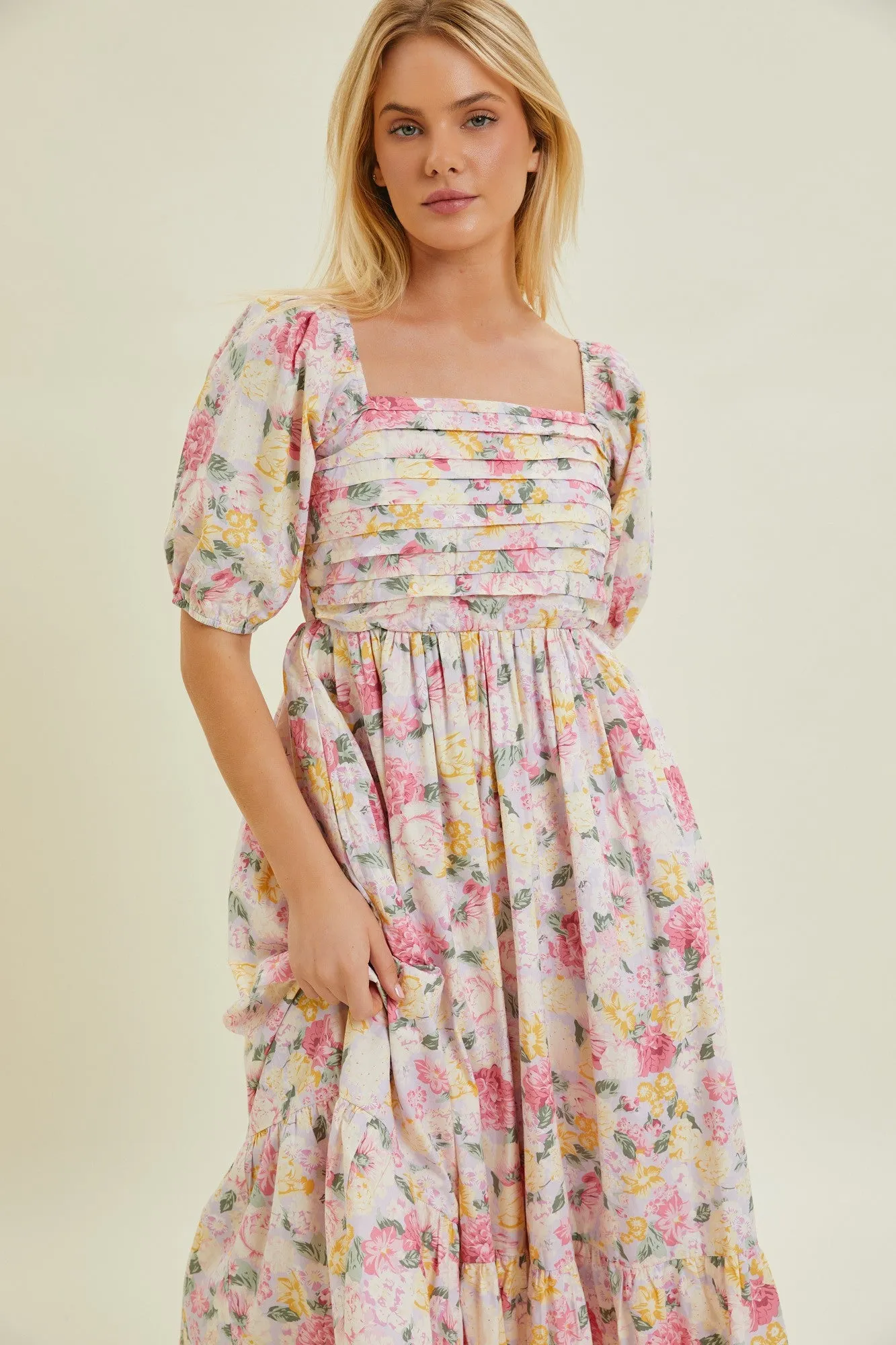 Lavender Floral Pleated Puff Sleeve Midi Dress sold by Pinkblush product image thumbnail 4