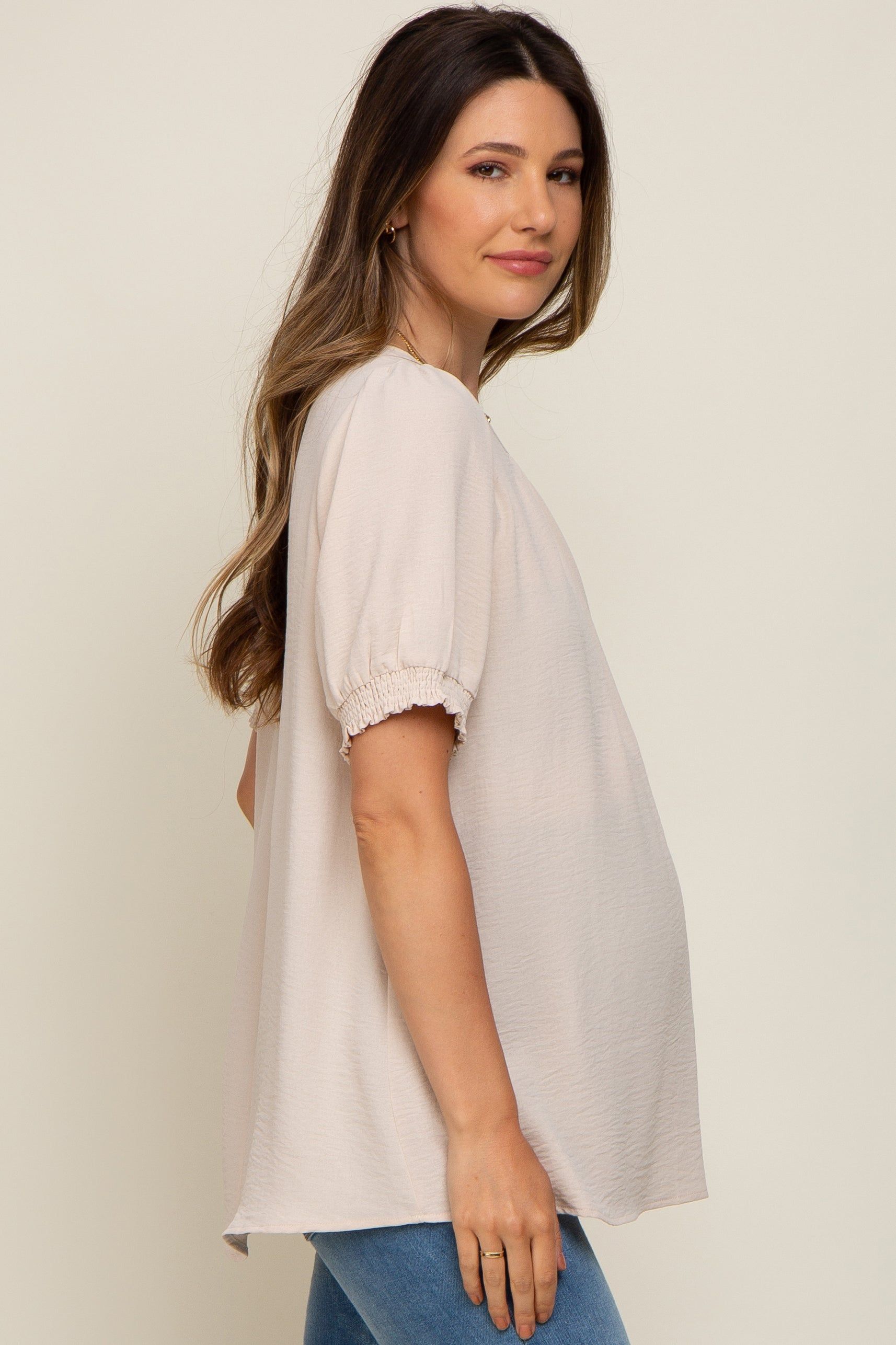 Beige Puff Sleeve Smocked Accent Maternity Top sold by Pinkblush product image thumbnail 2
