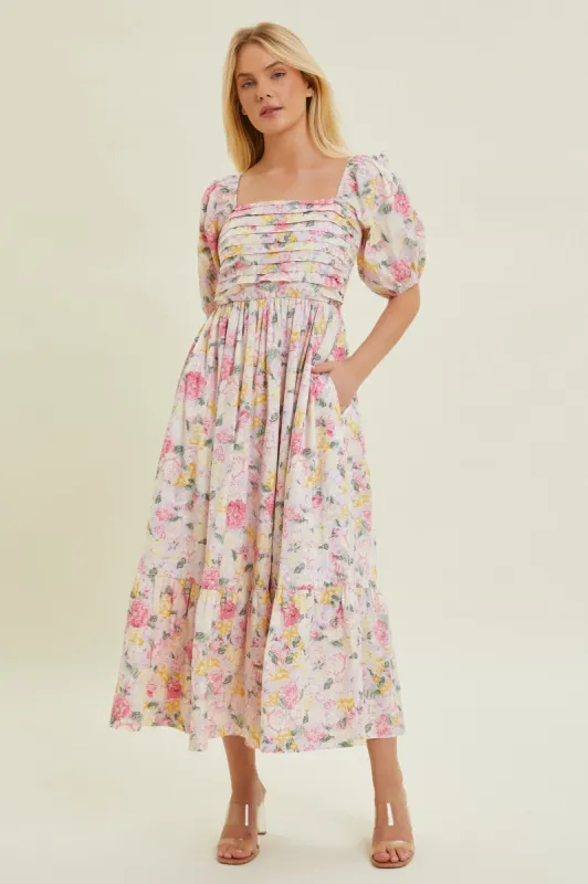 Lavender Floral Pleated Puff Sleeve Midi Dress sold by Pinkblush