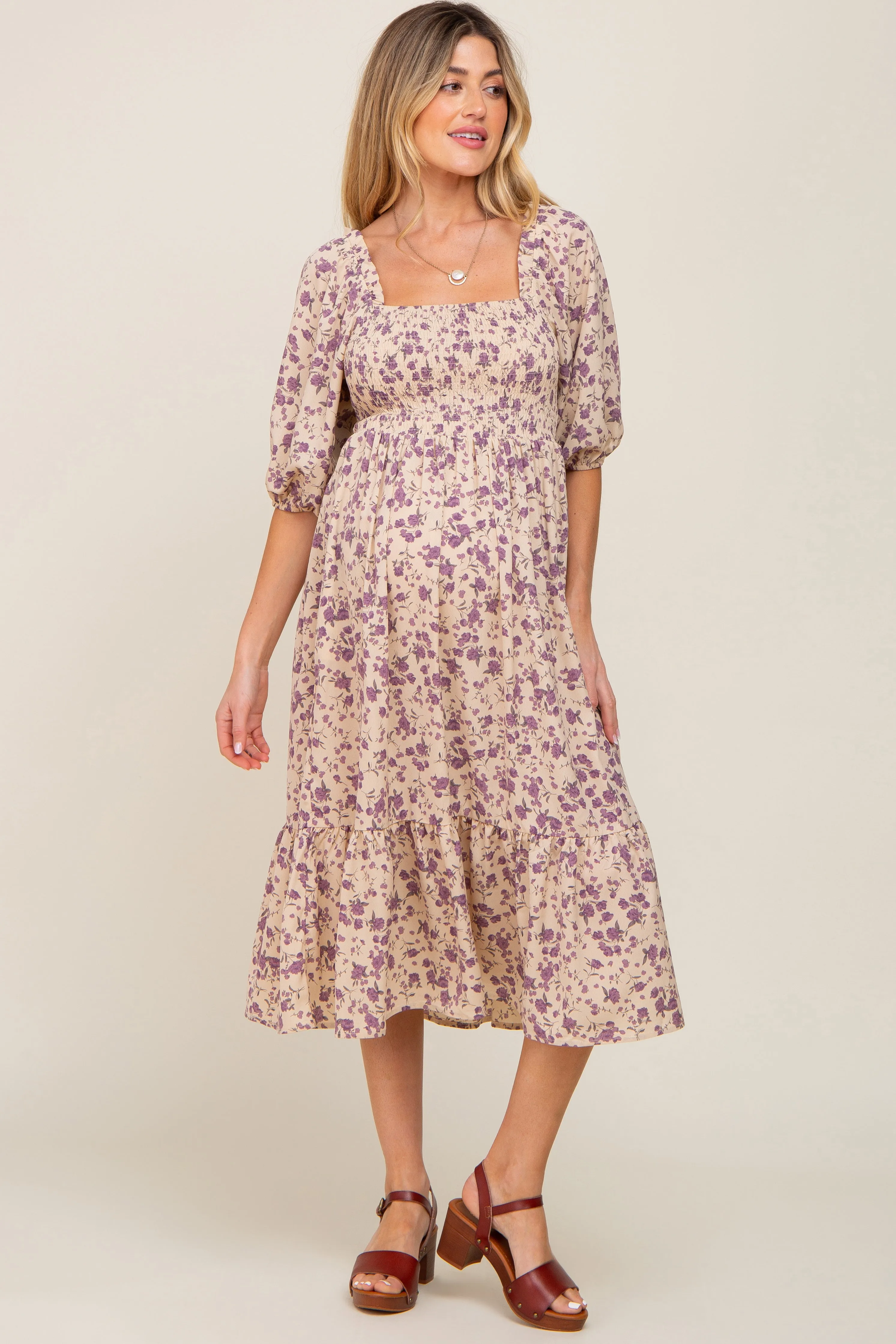 Cream Floral Smocked Maternity Midi Dress sold by Pinkblush product image thumbnail 4