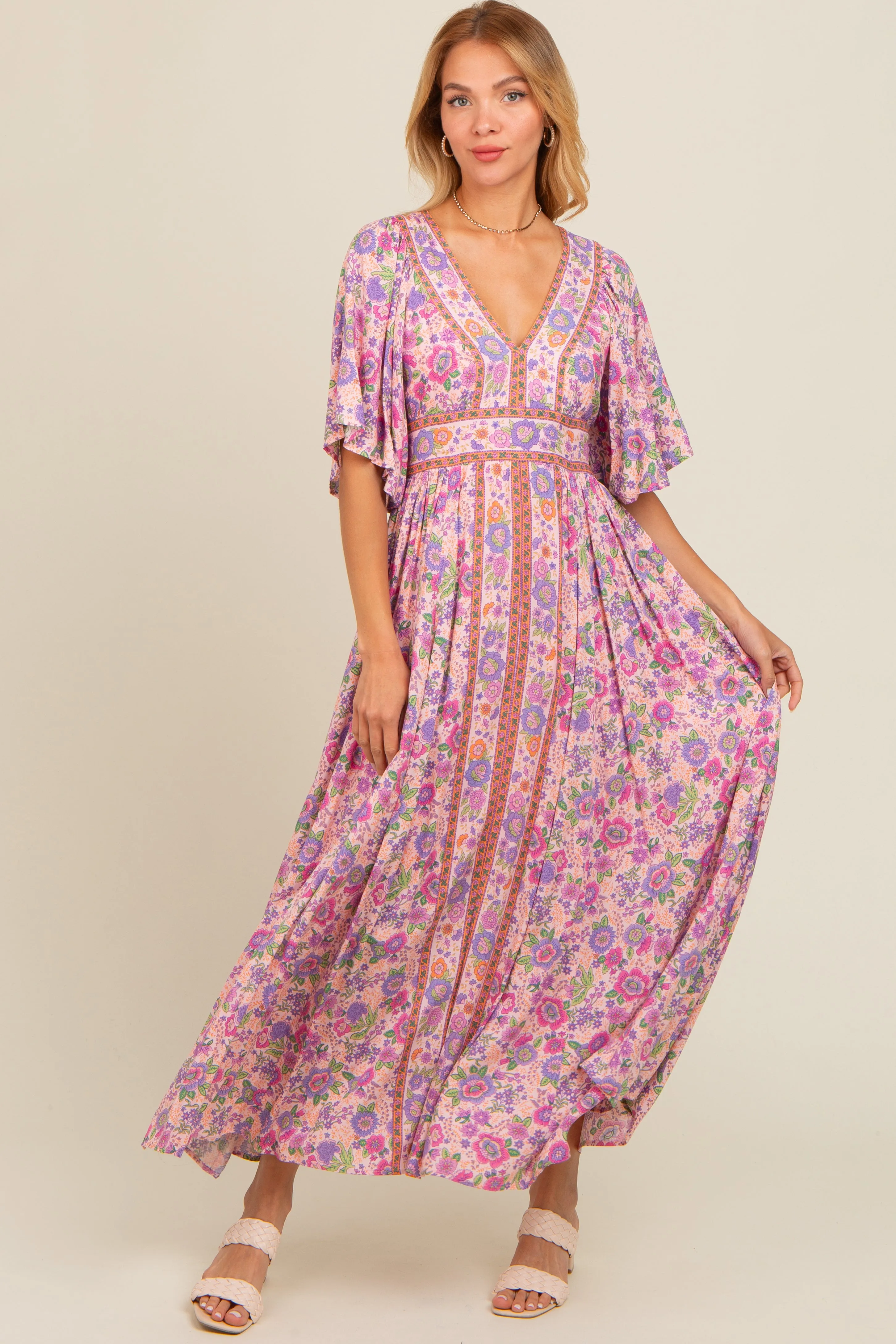 Light Pink Floral Border Print Flutter Sleeve Maternity Maxi Dress sold by Pinkblush product image thumbnail 4