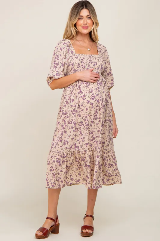 Cream Floral Smocked Maternity Midi Dress sold by Pinkblush