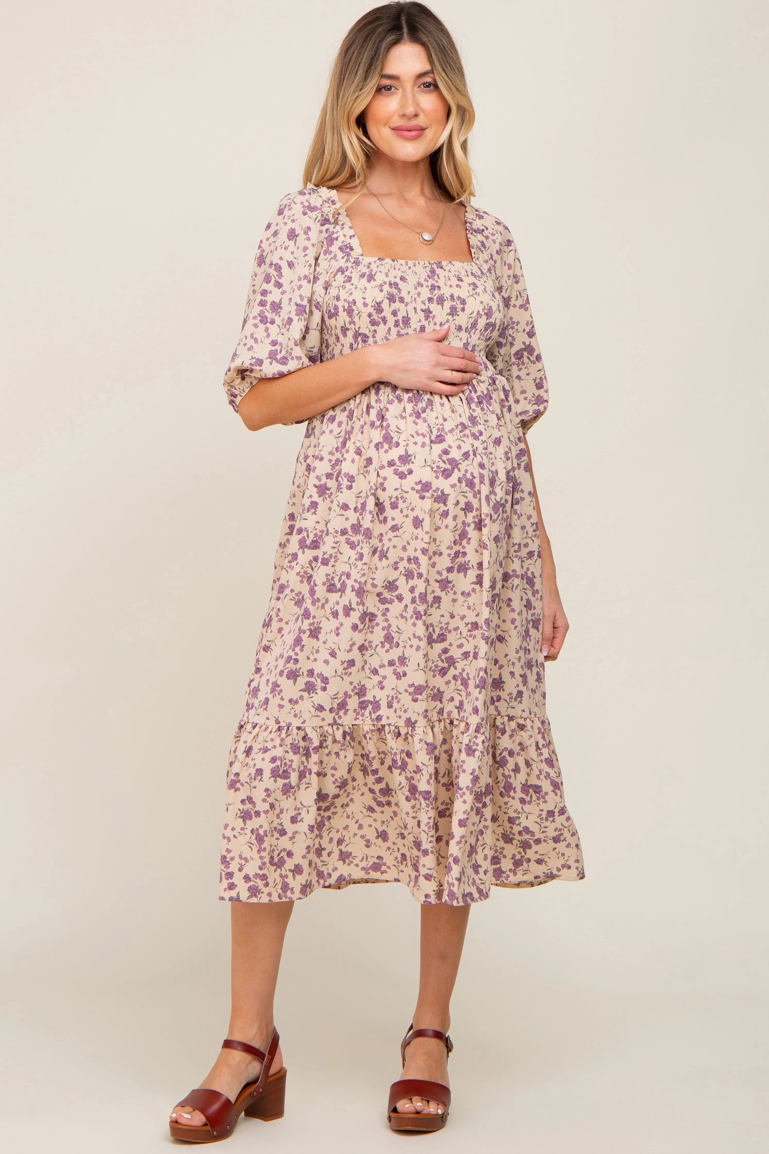 Cream Floral Smocked Maternity Midi Dress sold by Pinkblush