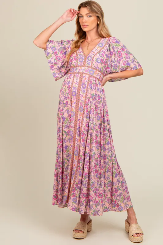 Light Pink Floral Border Print Flutter Sleeve Maternity Maxi Dress sold by Pinkblush