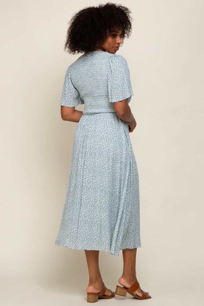 Mint Green Floral Button Front Smocked Flutter Sleeve Midi Dress sold by Pinkblush product image thumbnail 3