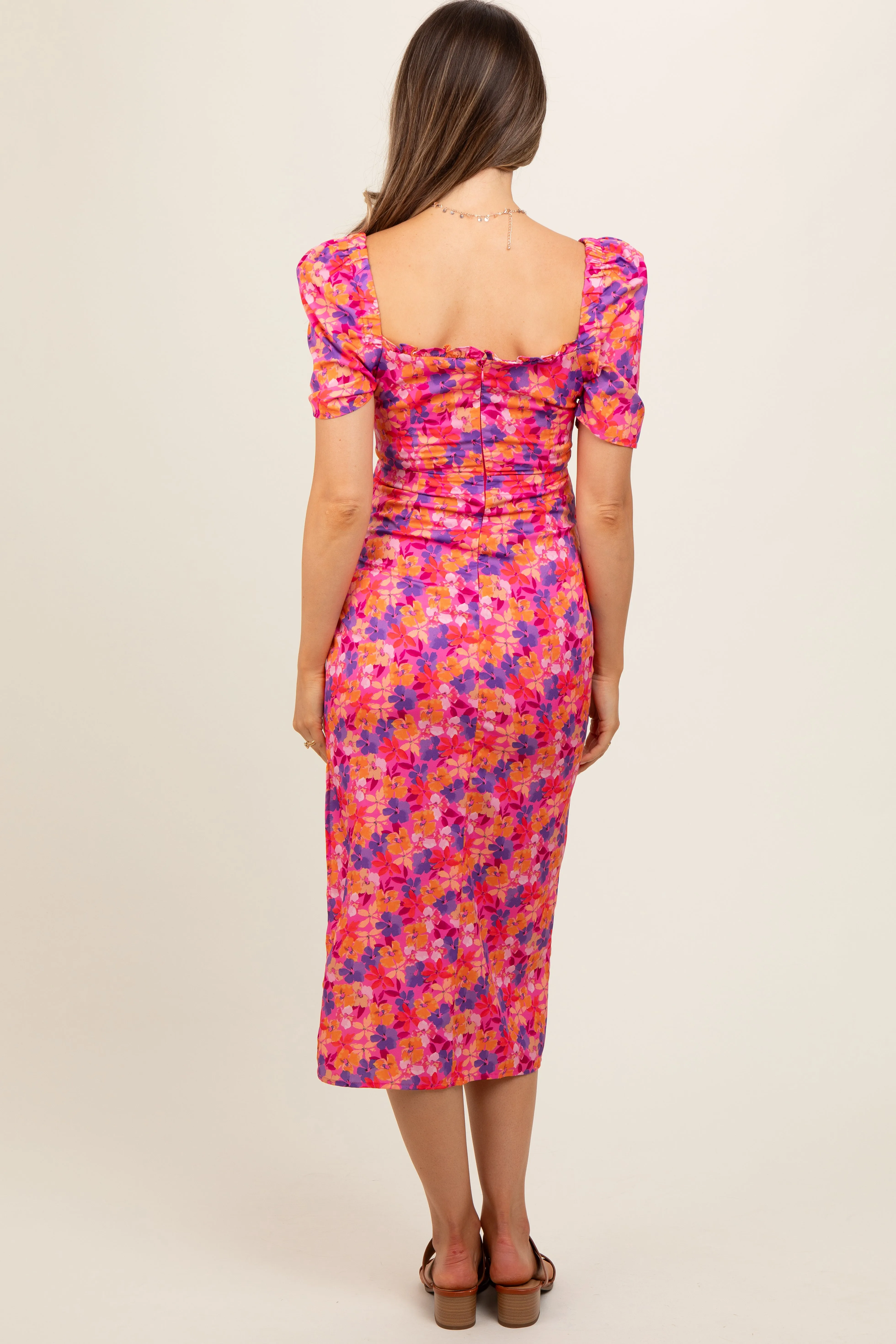 Fuchsia Floral Ruffle Sweetheart Fitted Maternity Midi Dress sold by Pinkblush product image thumbnail 4