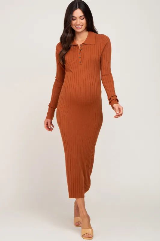 Rust Ribbed Knit Long Sleeve Collared Maternity Midi Dress made by Pinkblush