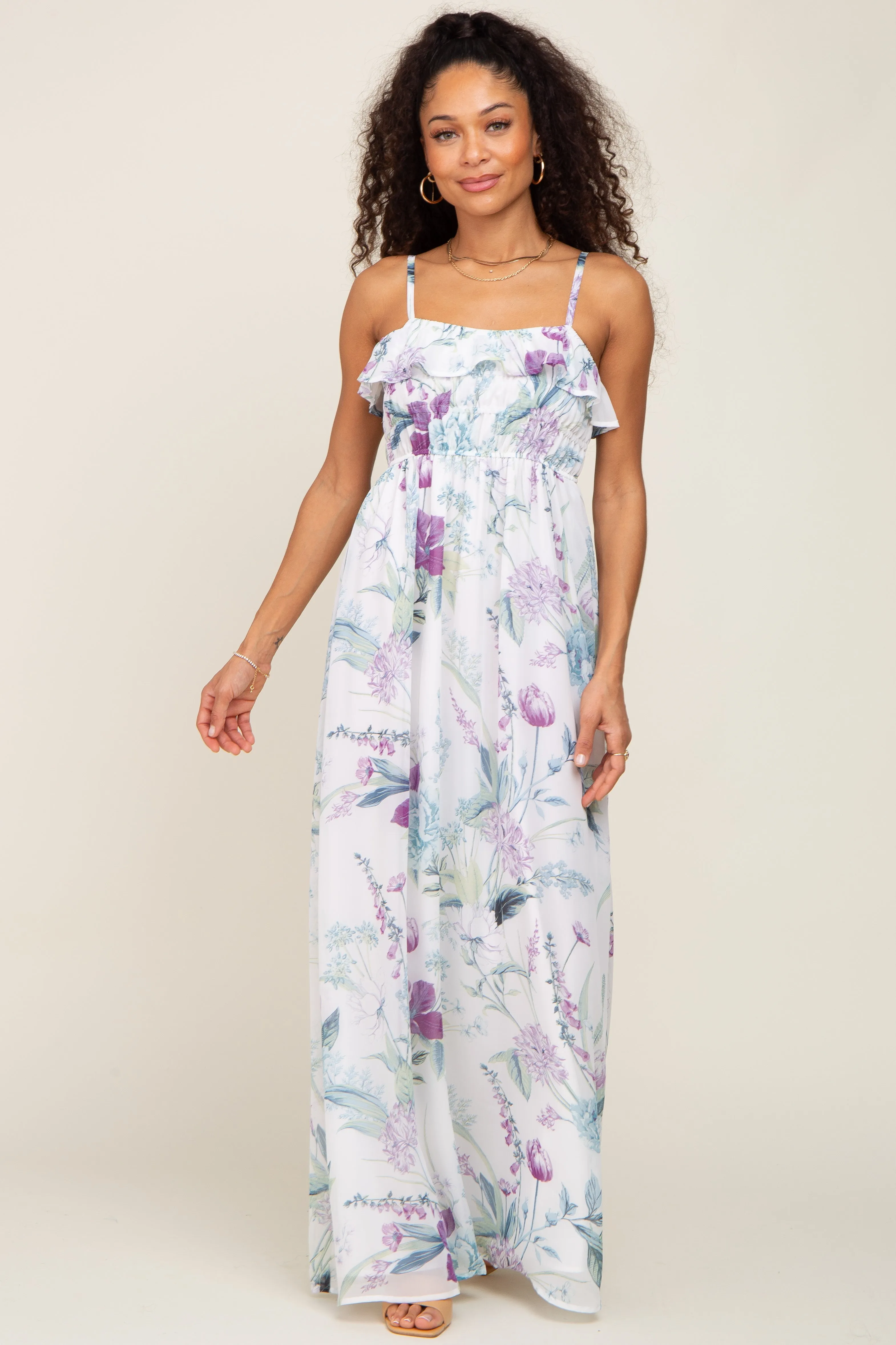 White Floral Sleeveless Ruffle Maxi Dress sold by Pinkblush