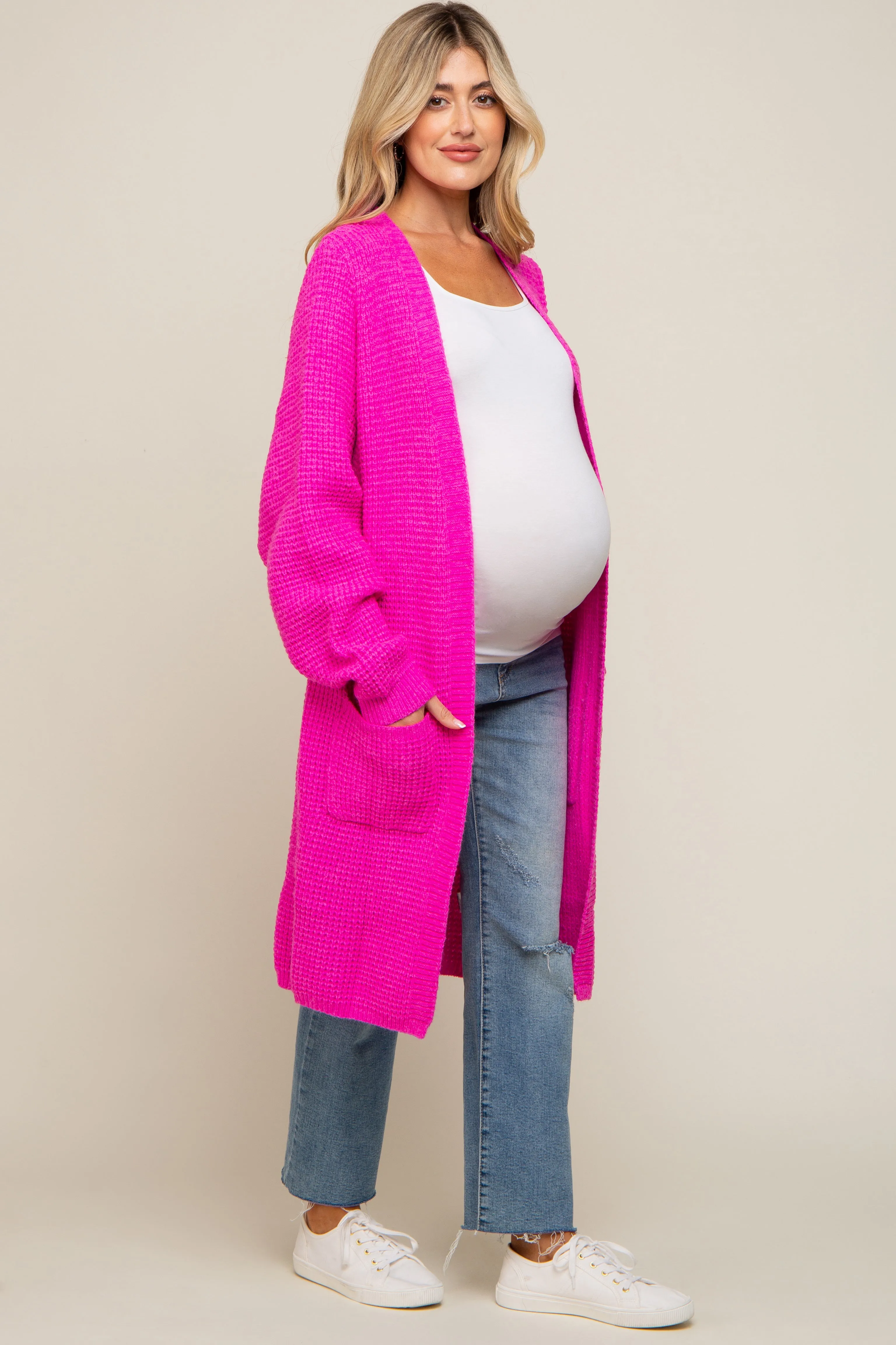 Fuchsia Chunky Waffle Knit Maternity Cardigan sold by Pinkblush product image thumbnail 2