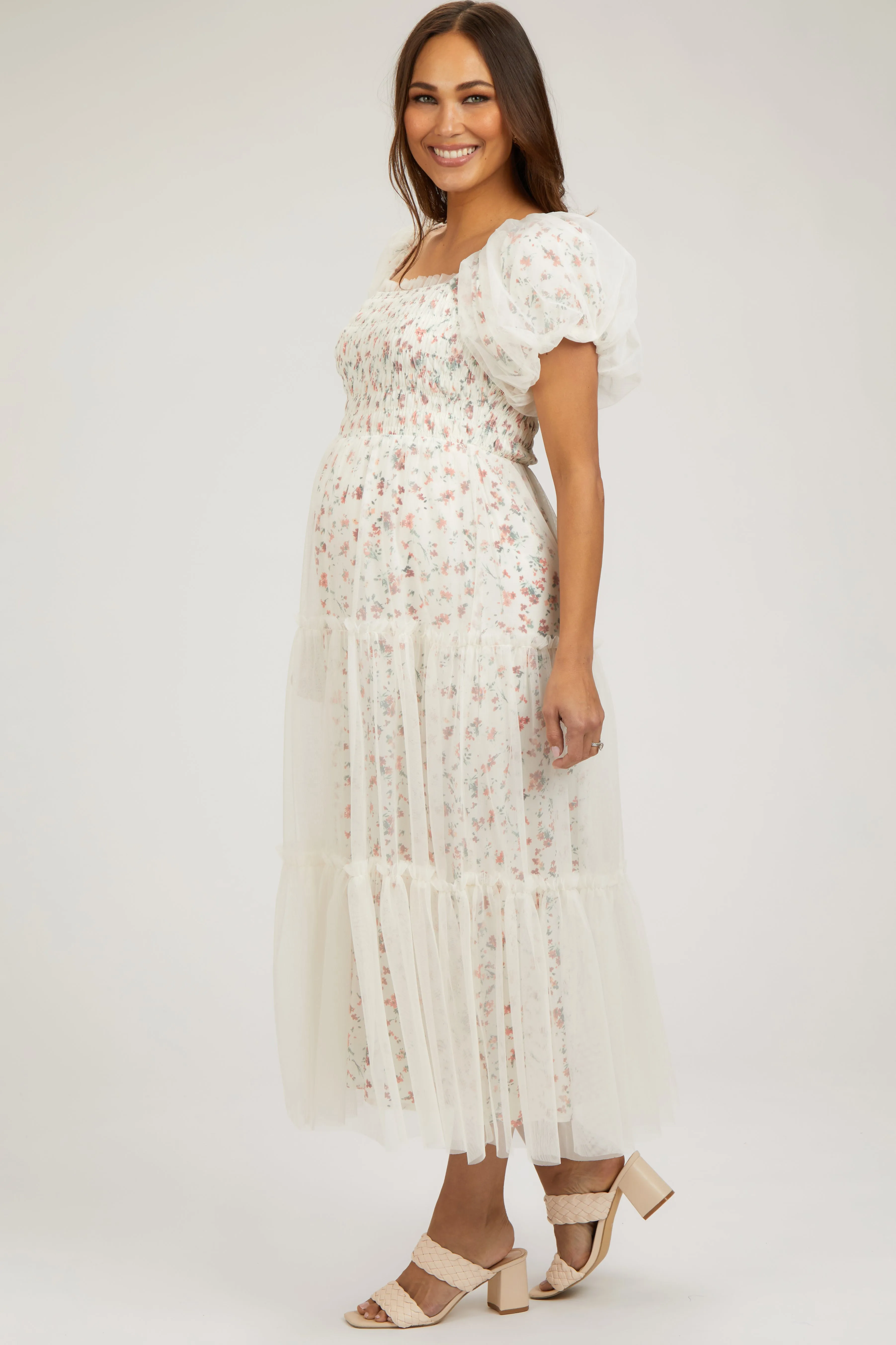 Cream Floral Lined Smocked Tulle Maternity Midi Dress sold by Pinkblush product image thumbnail 3